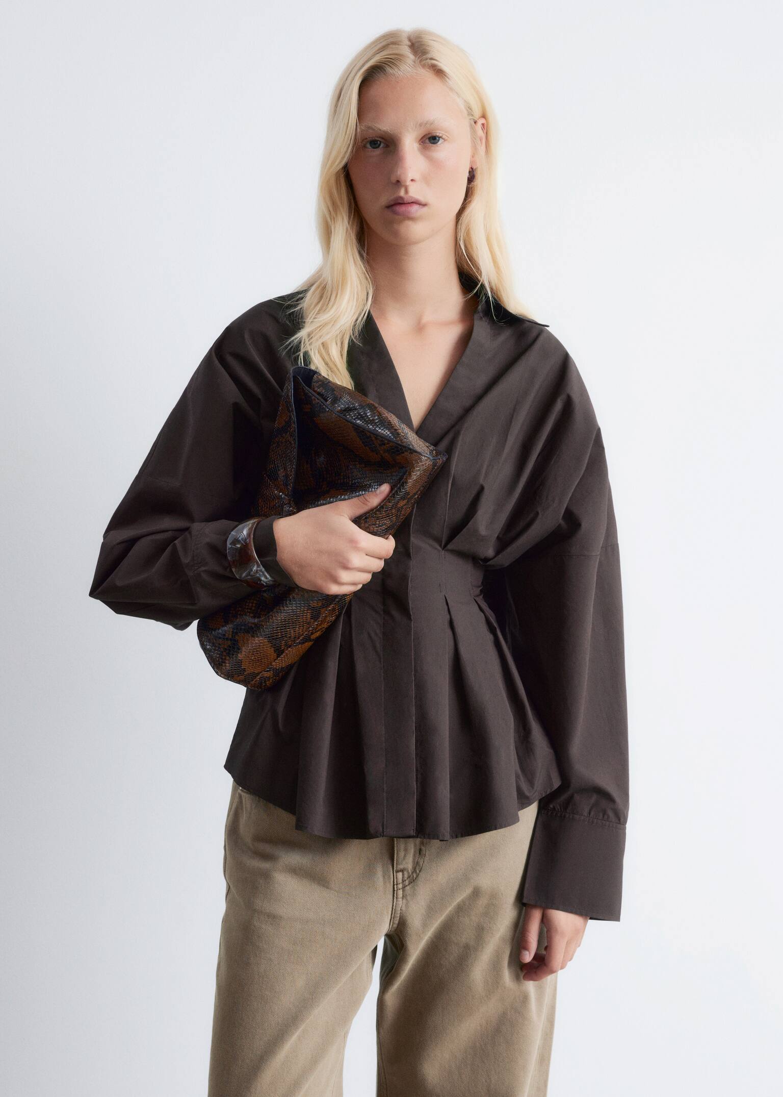 Fitted-Waist Cotton Shirt - Dark Brown - 1