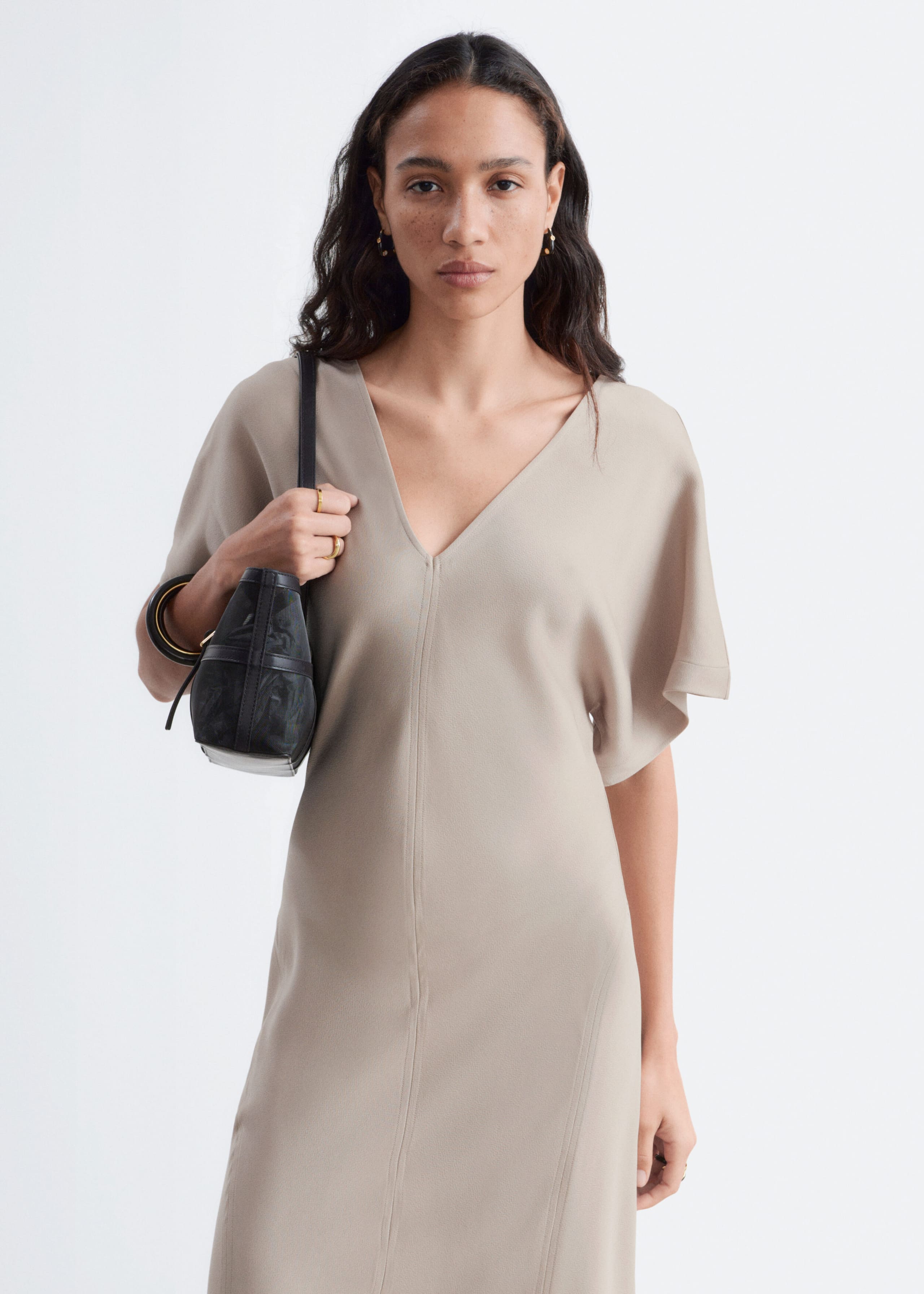 V-Neck Maxi Dress - Stone Beige - Lookbook