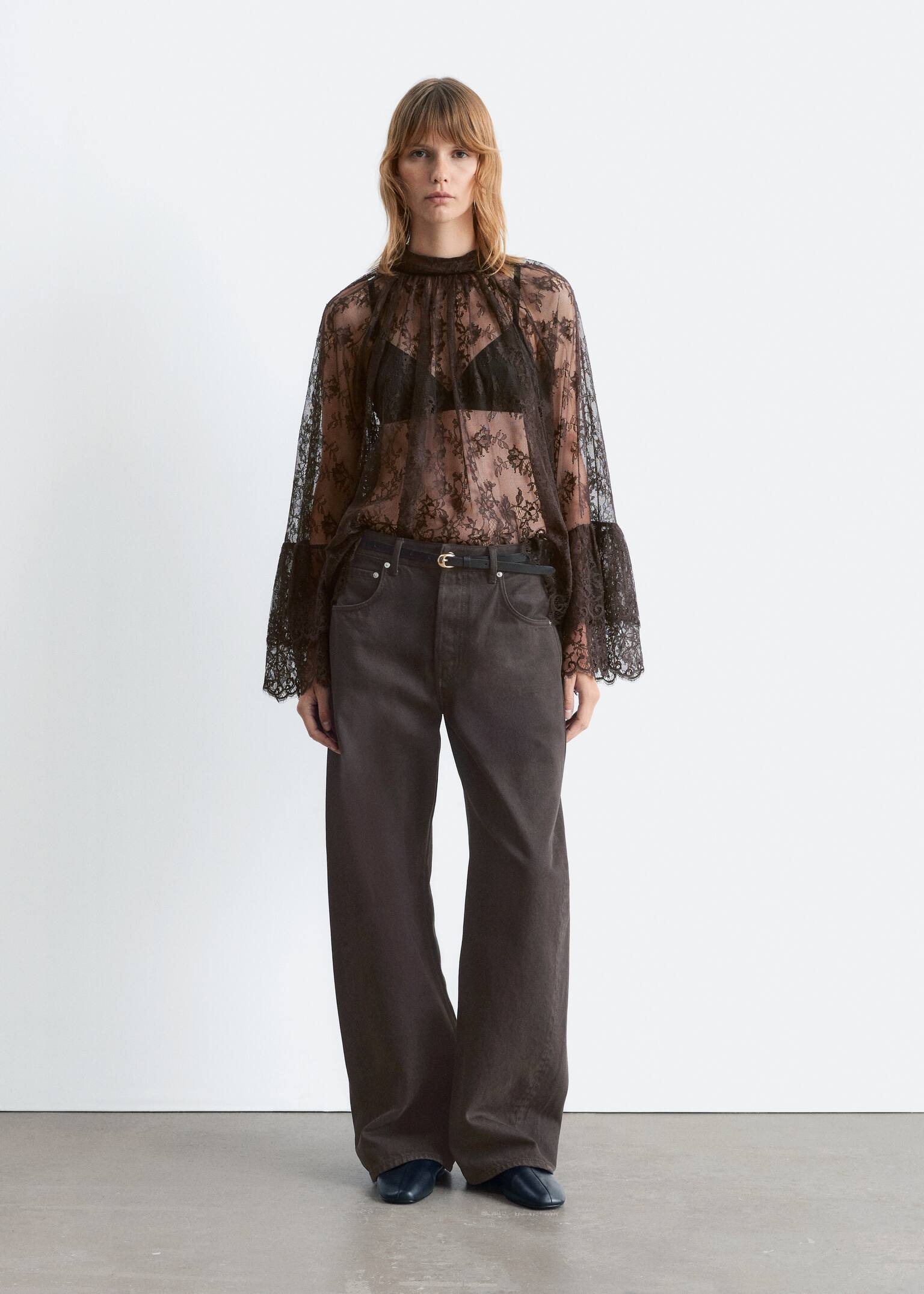 Flounced Lace Blouse - Dark Brown