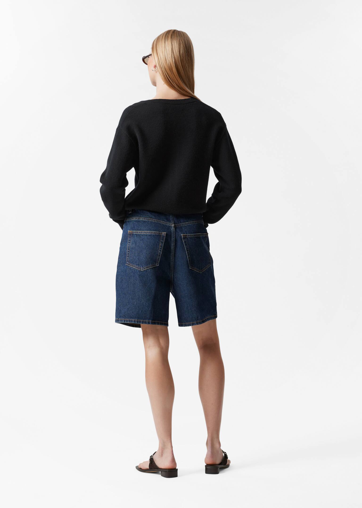 Pantaloni scurți denim cu crac larg - Albastru Mediu/Bej/Negru - 5