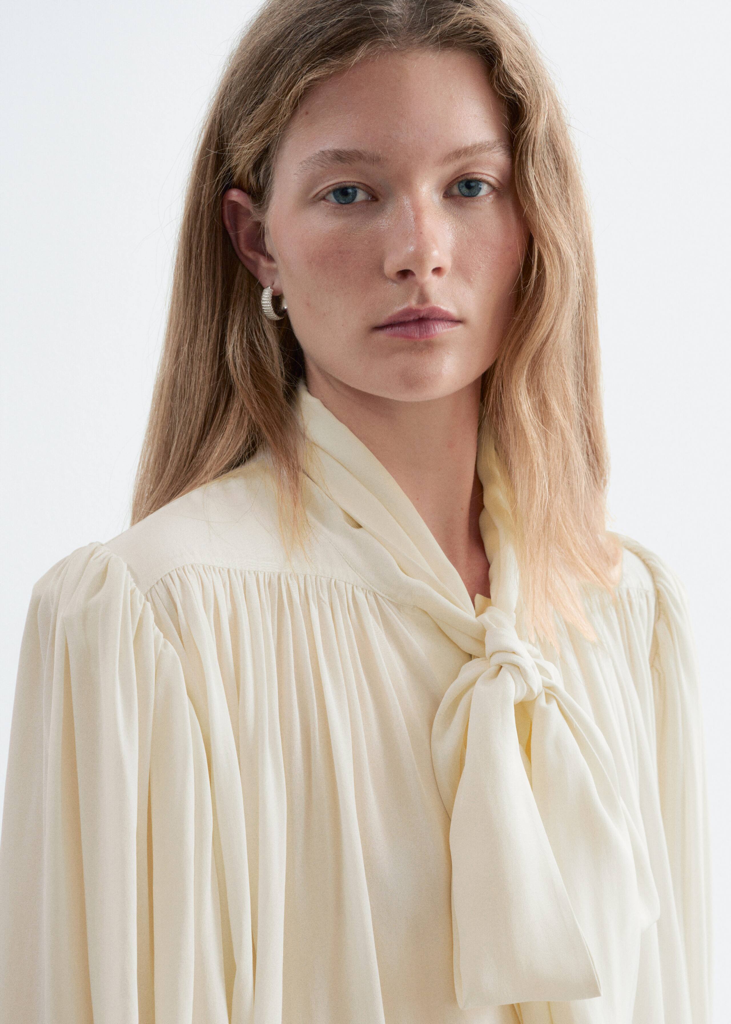 Tie-Neck Gathered Blouse - Off White - Lookbook