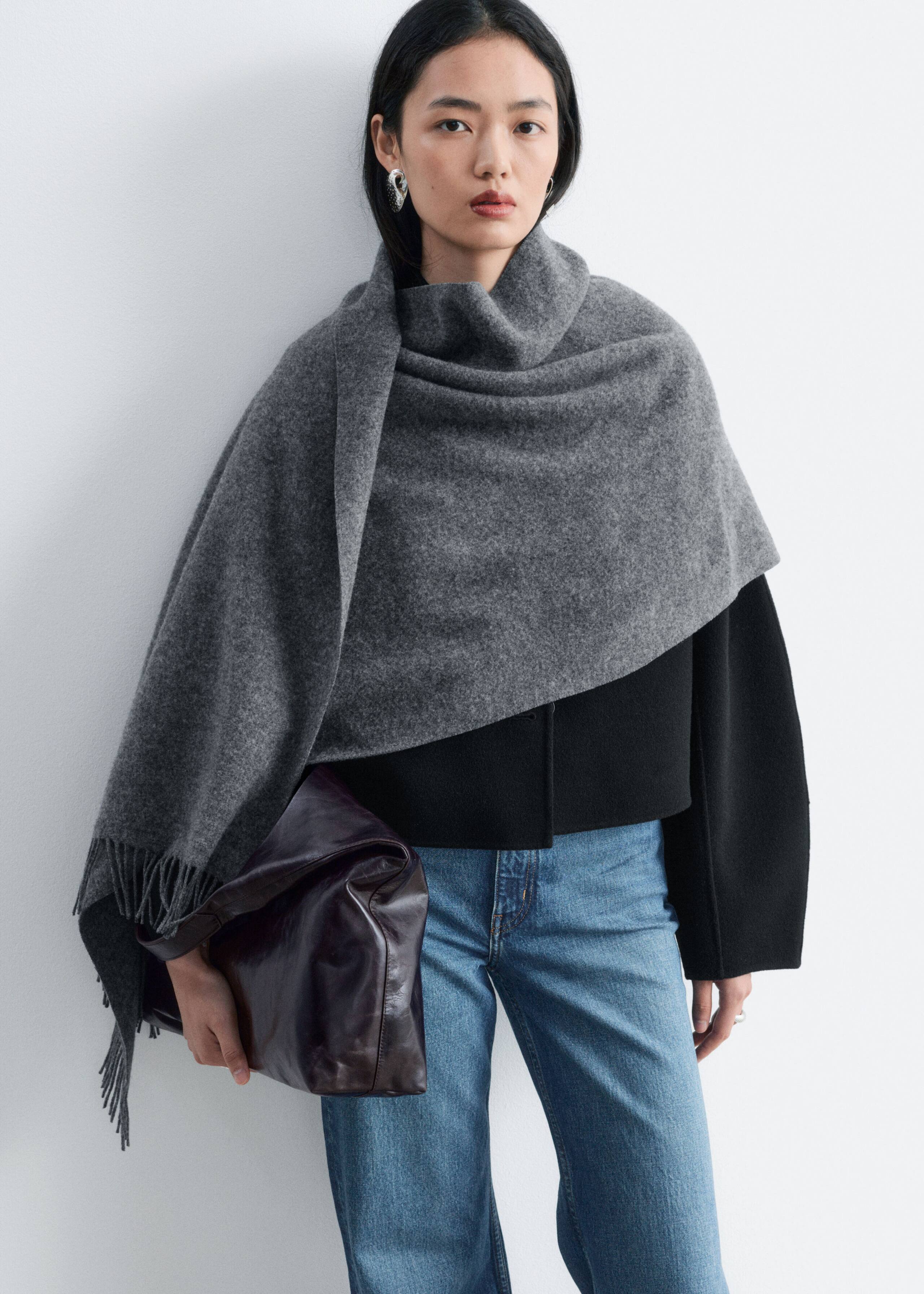 Fringed Wool Blanket Scarf - Grey - Still Life