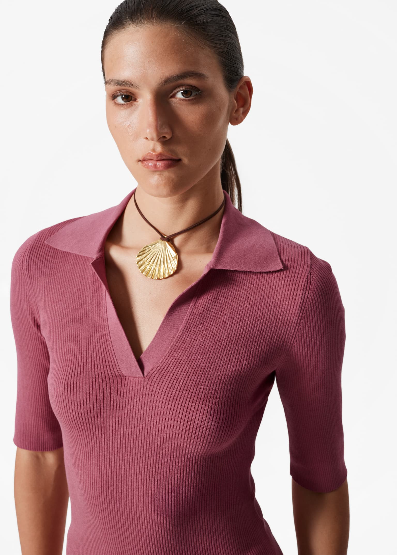 Top z krótkim rękawem i kołnierzykiem - Dark Pink/Biały/Ciemnoniebieski - 3