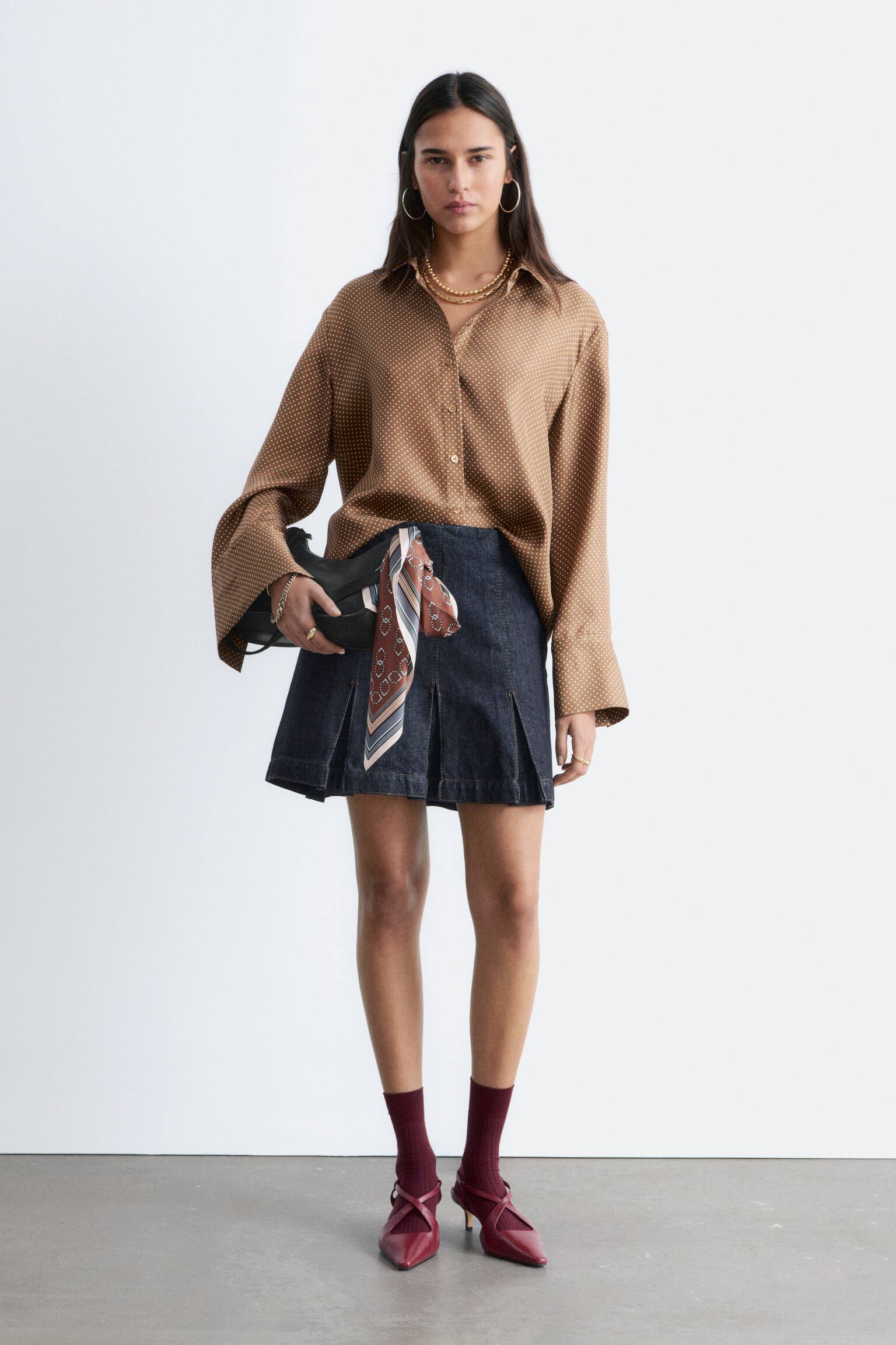 Volná hedvábná košile - Hnědé/bílé puntíky/Krémová/Hnědá/Tmavě modrá - 3