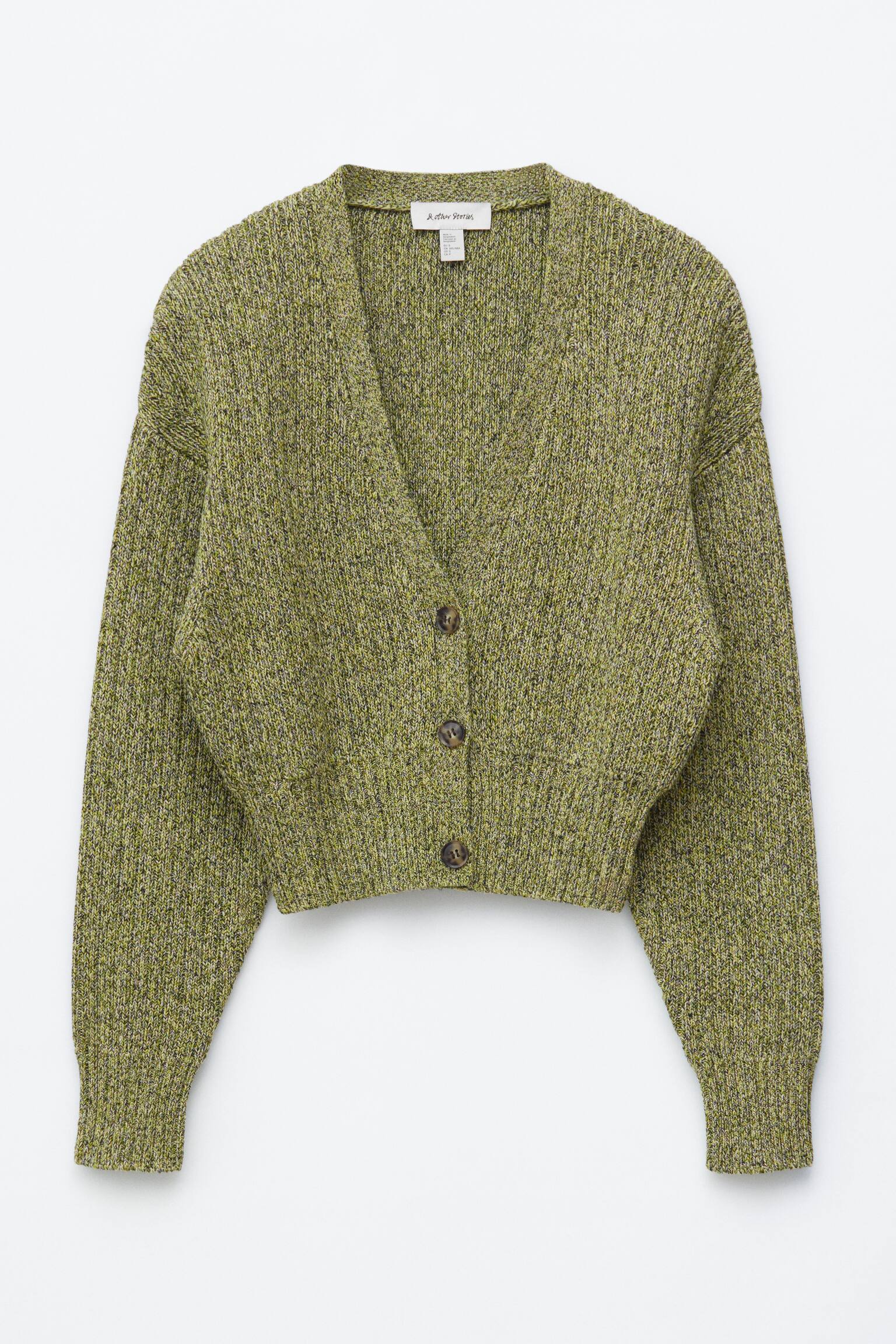 Cardigan in cotone con lavorazione a coste - Verde screziato/Giallo tenue - 2