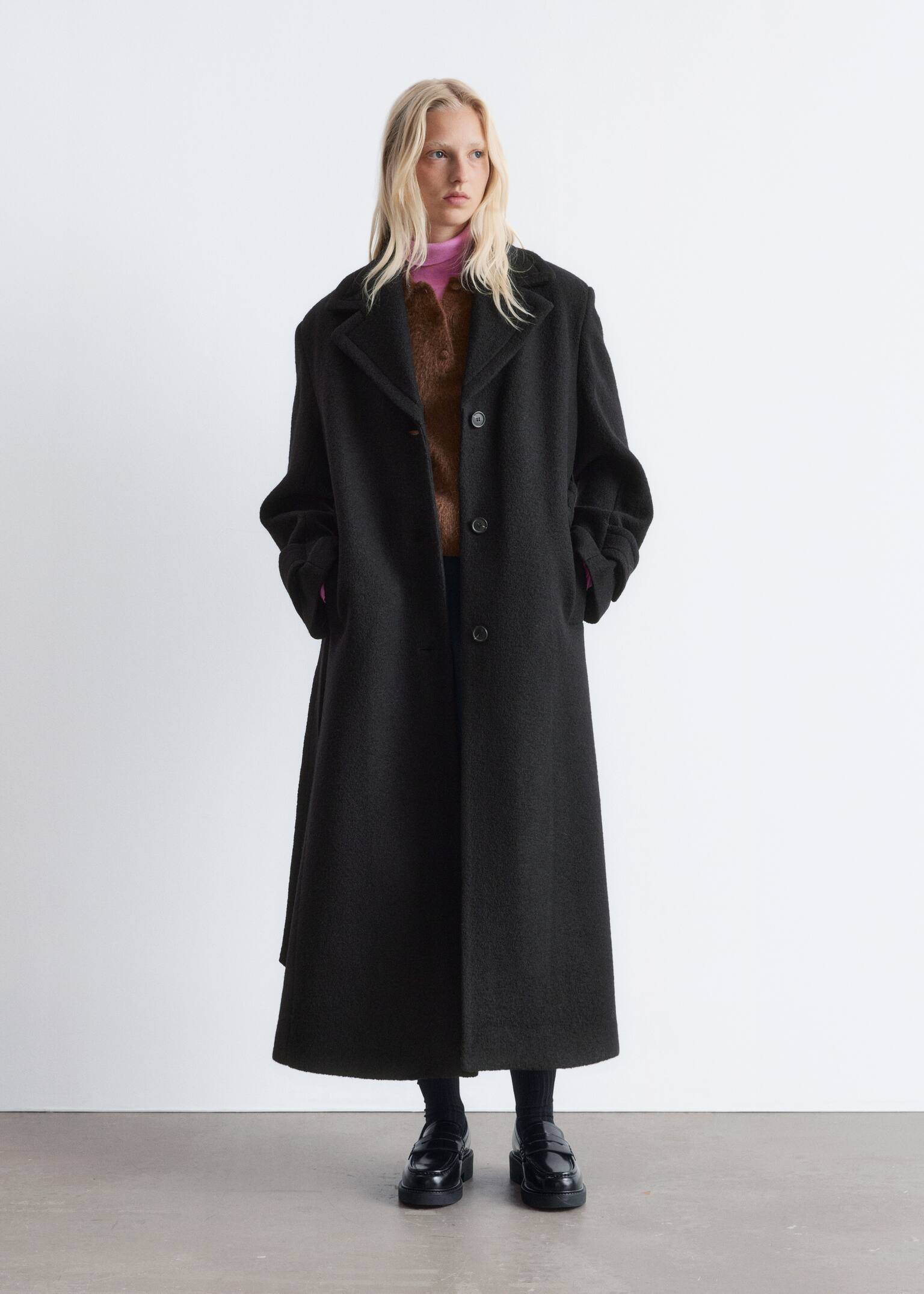 Tie-Belt Wool Coat - Μαύρο/Σκούρο Καφέ