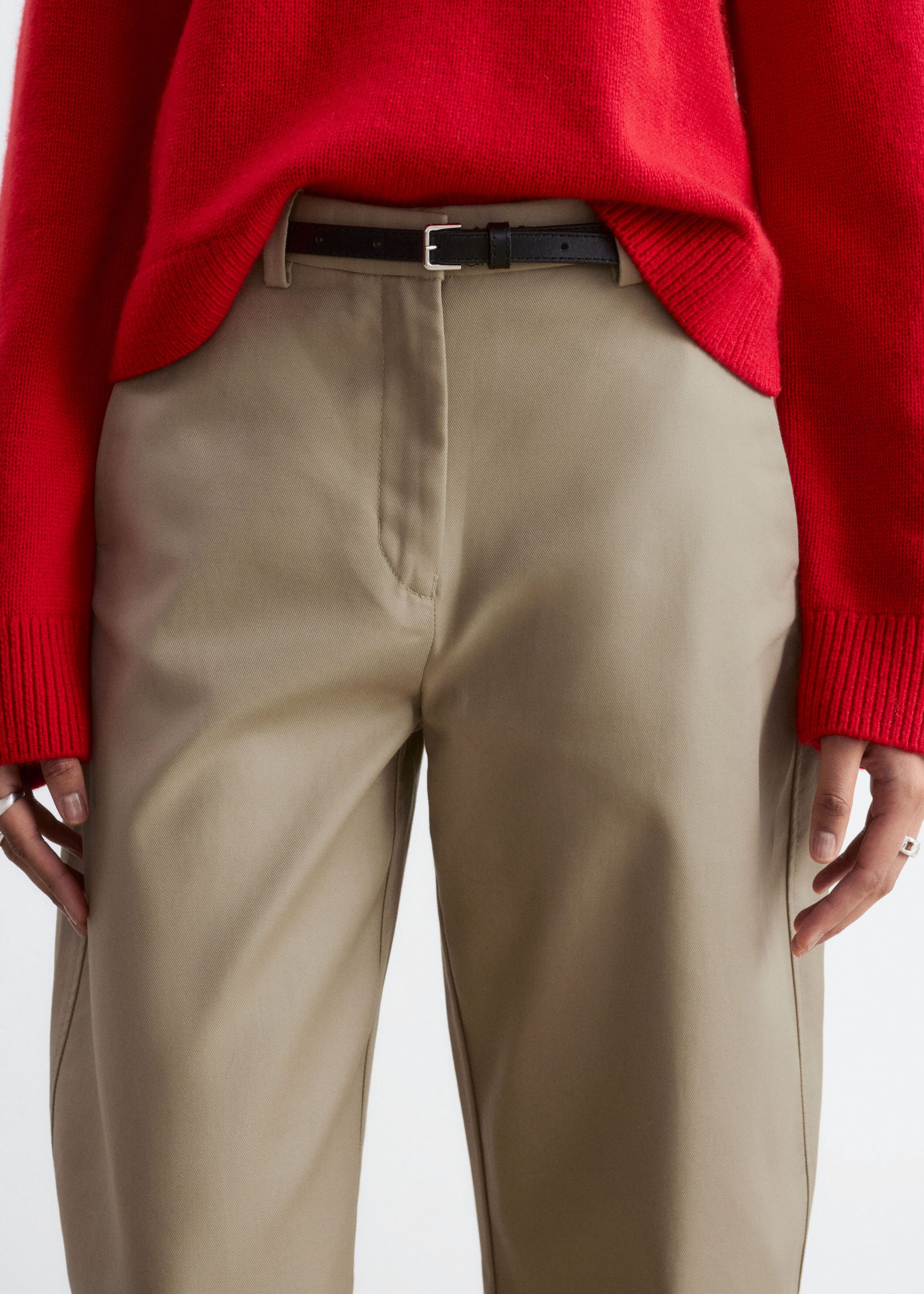 Cotton Twill Barrel Leg Trousers - Beige - Lookbook