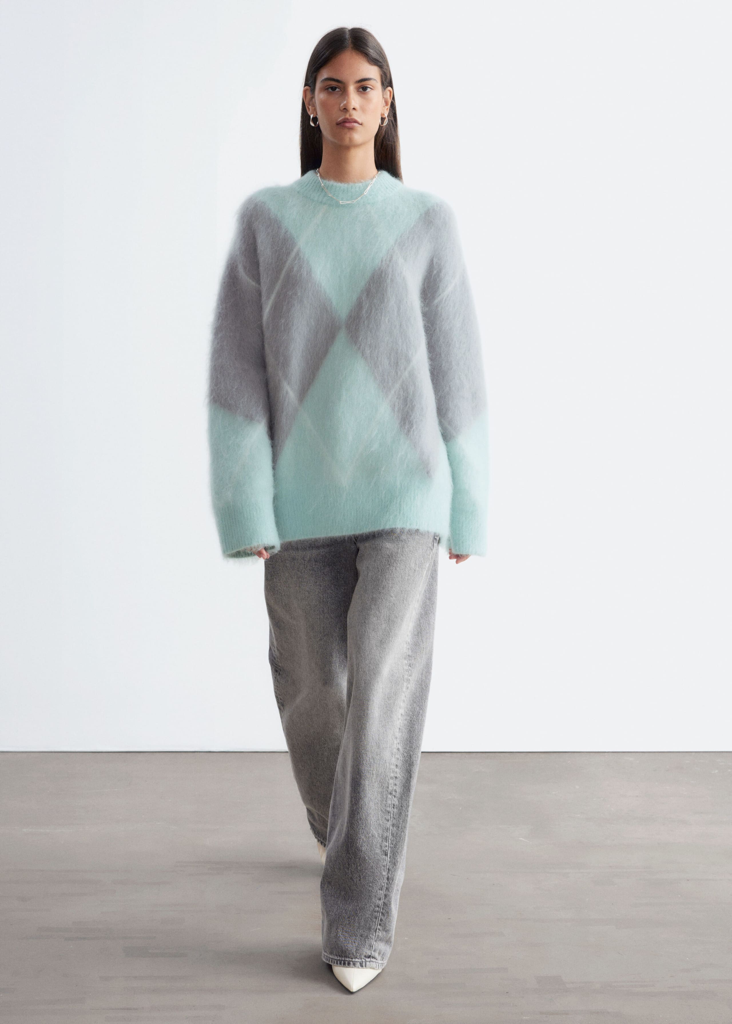 Pull en mohair mélangé à motif jacquard - Vert clair/Gris - Lookbook