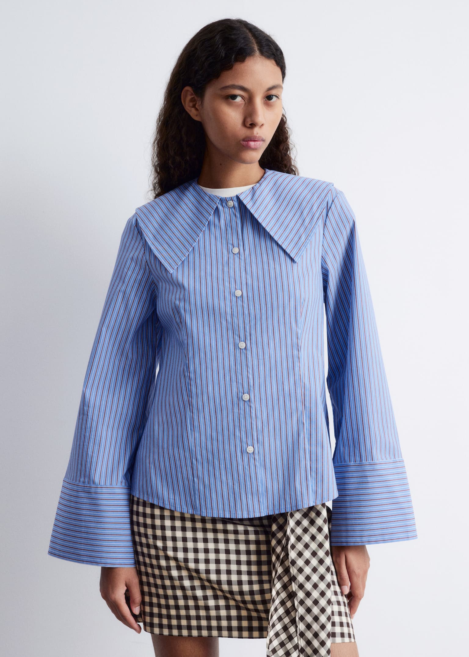 Oversized Collar Striped Shirt - Blue/Brown Stripes - 6