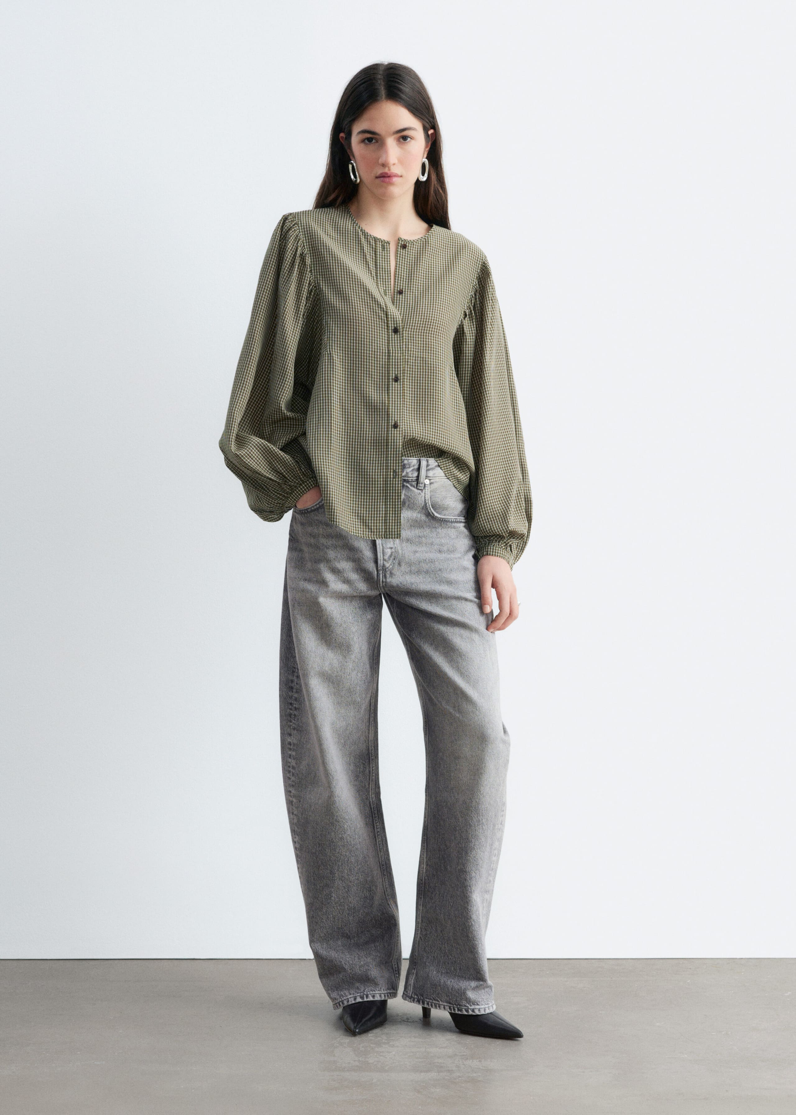 Gathered Cotton Blouse - Grey/Green/Checked - Lookbook