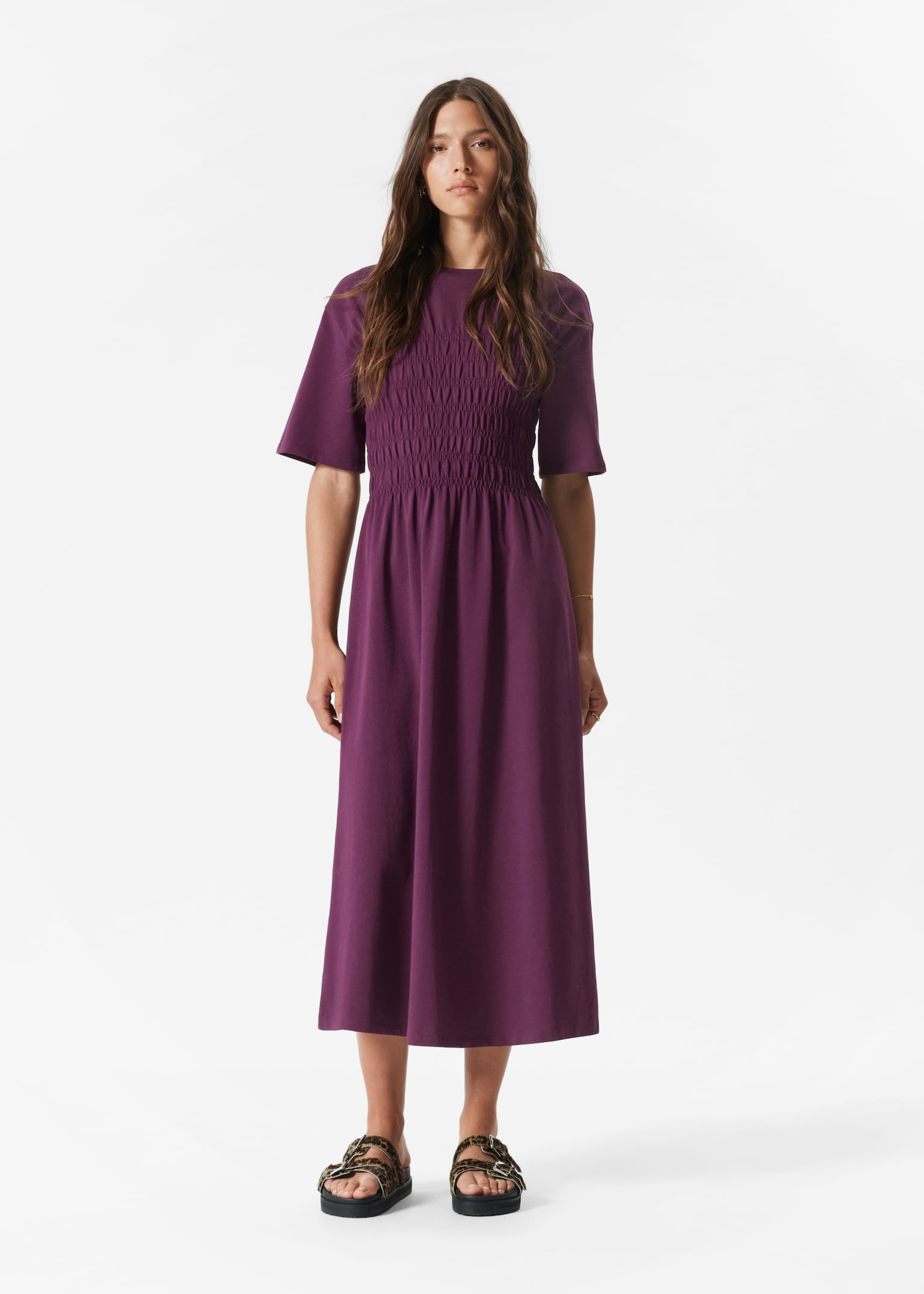 Robe midi à smocks - Violet foncé/Noir/Blanc