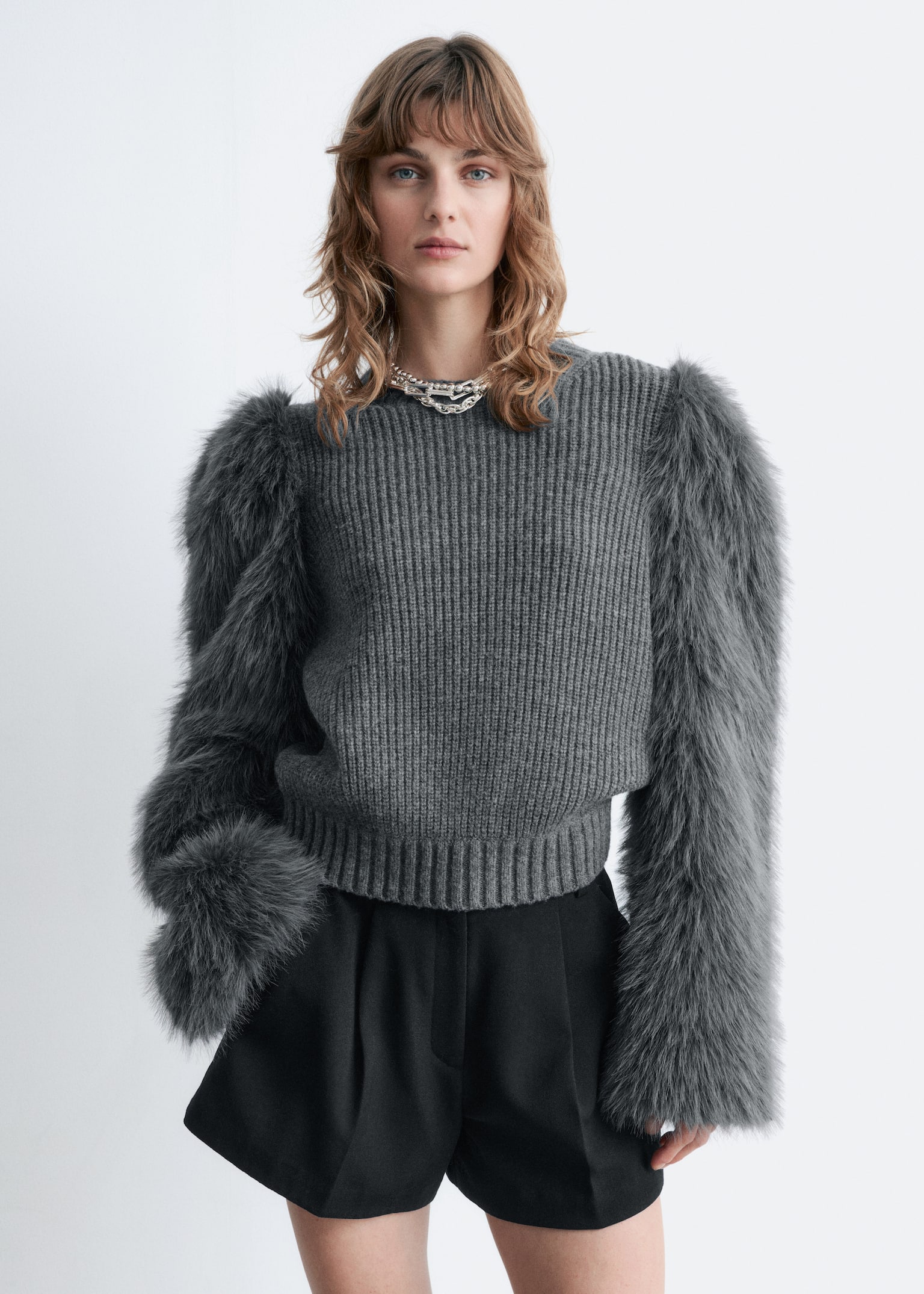 Faux Fur-Sleeve Wool Jumper - Dark Grey - 1