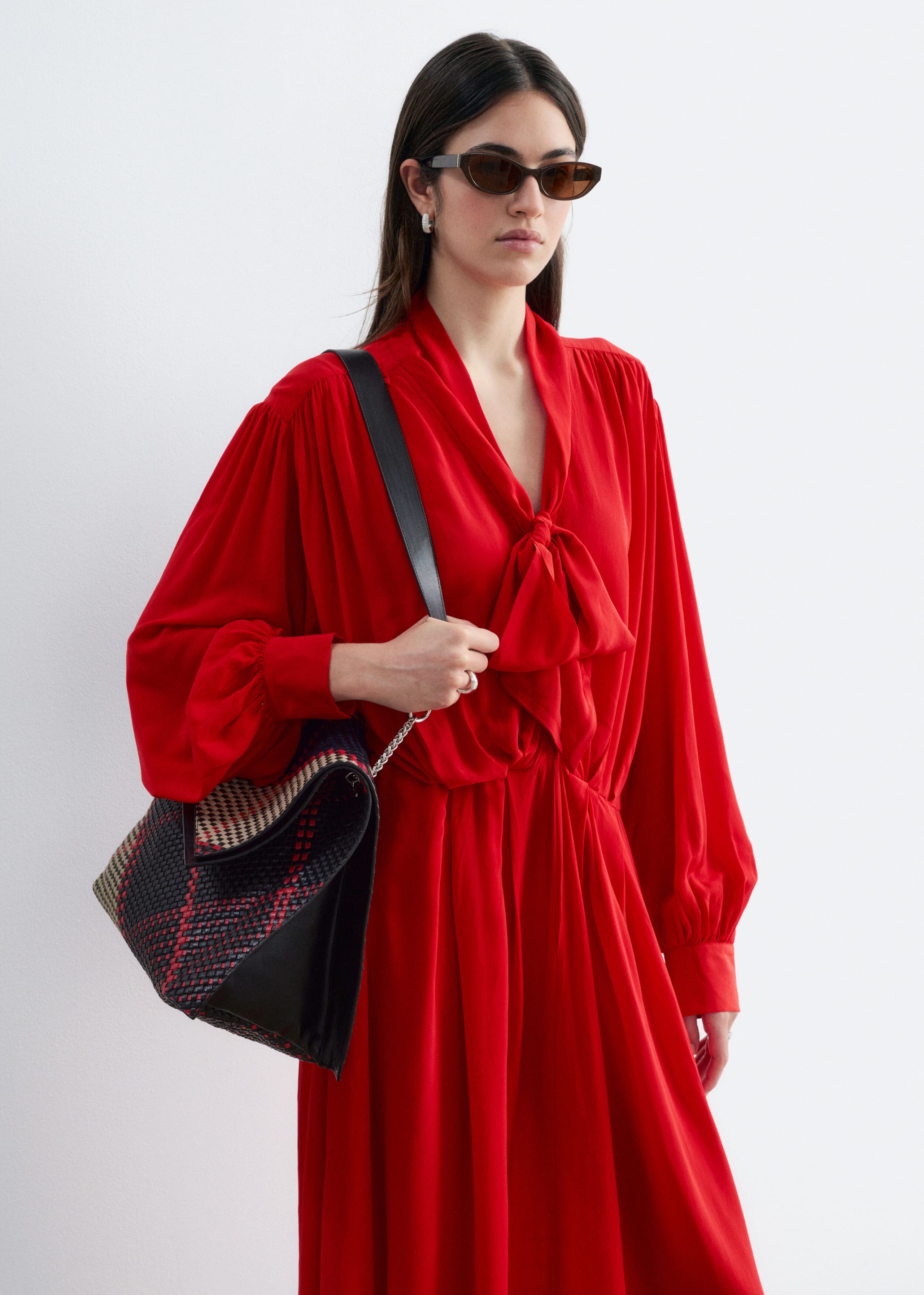 Tie-Neck Midi Dress - Red - Lookbook