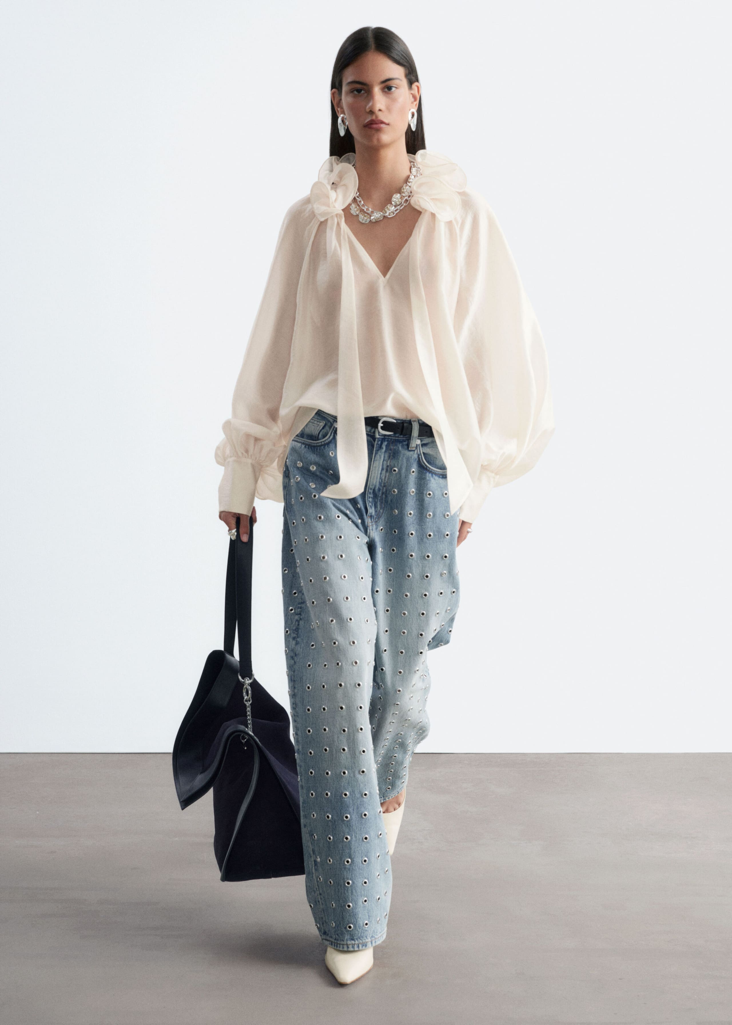 Ruffle Neck Voluminous Blouse - White - Still Life