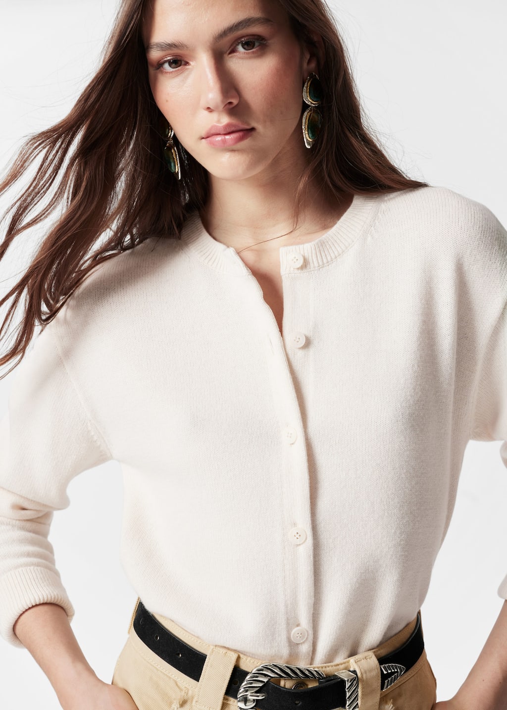 Boxy Merino Wool Cardigan - Cream - Lookbook