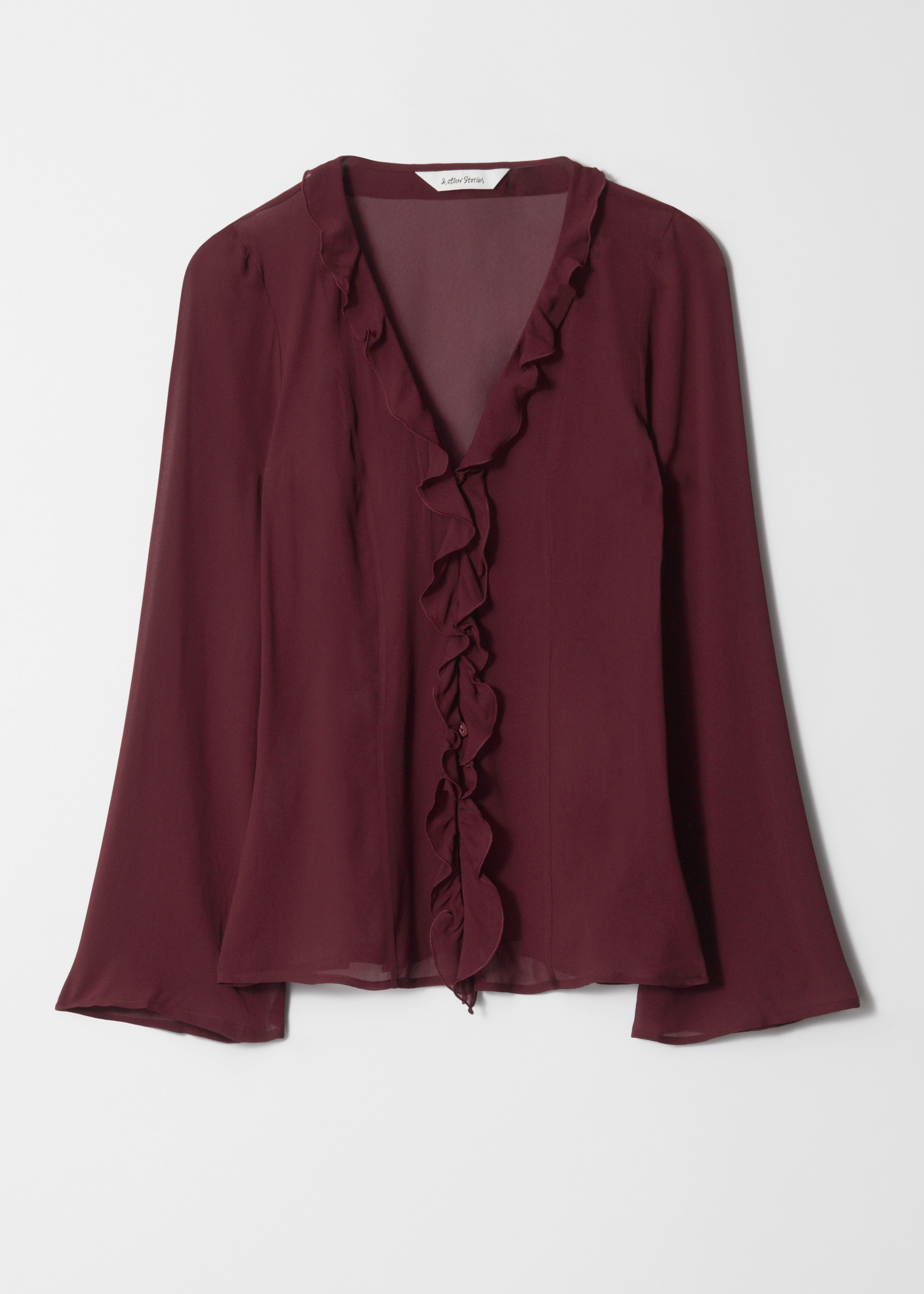 Bluse mit Rüschen und V-Ausschnitt - Dunkelrot