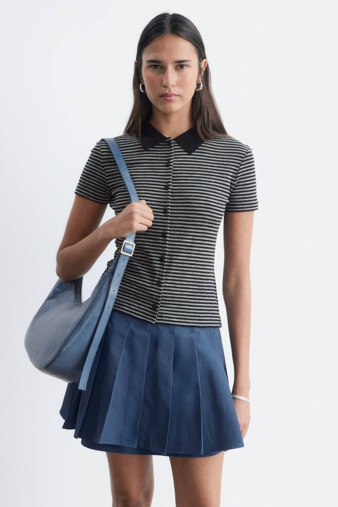 Buttoned Jersey Top - Grey/Black - 1