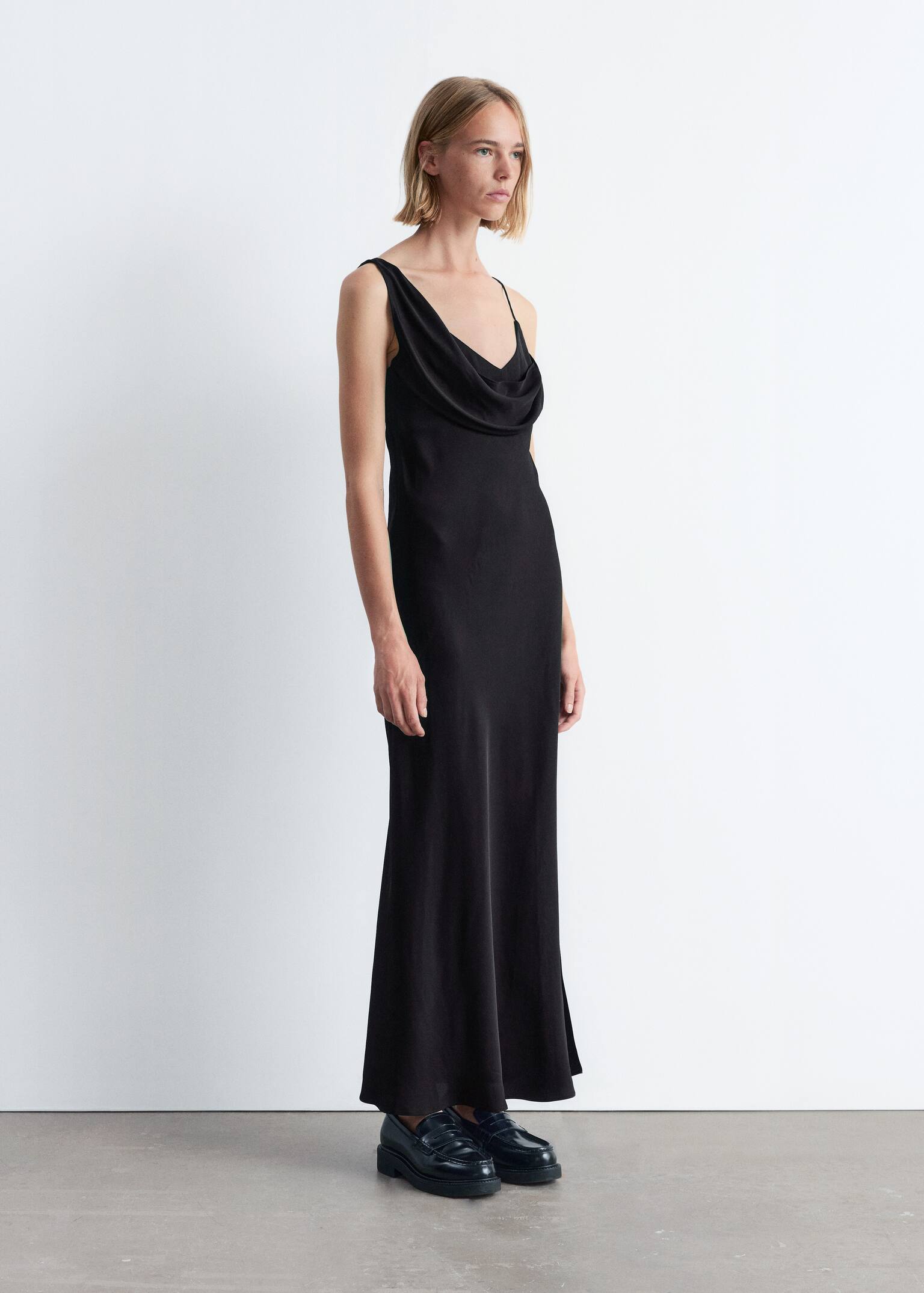 Asymmetric Cowl-Neck Midi Dress - Black