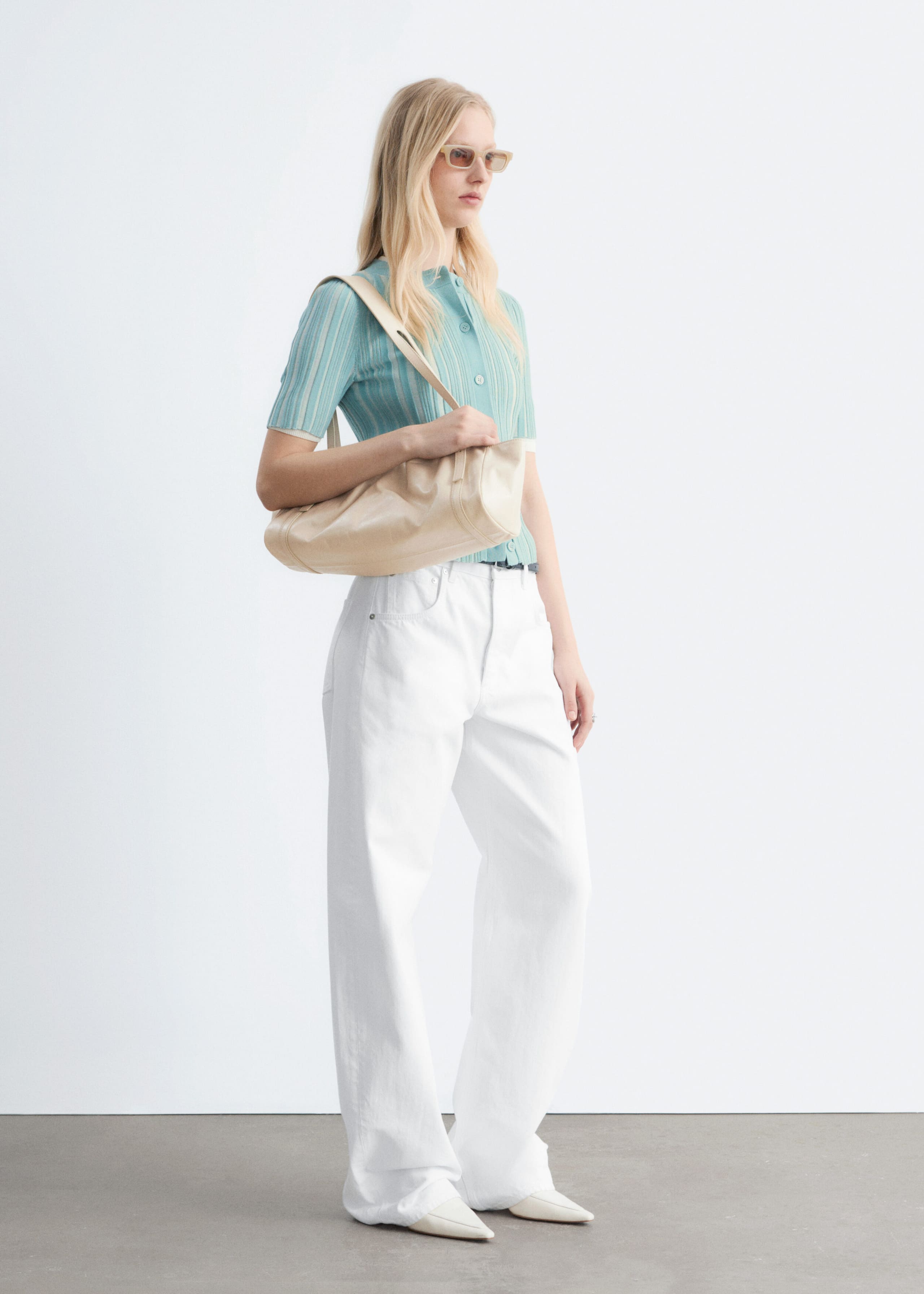 Image of Dzianinowy kardigan w prążki z krótkim rękawem