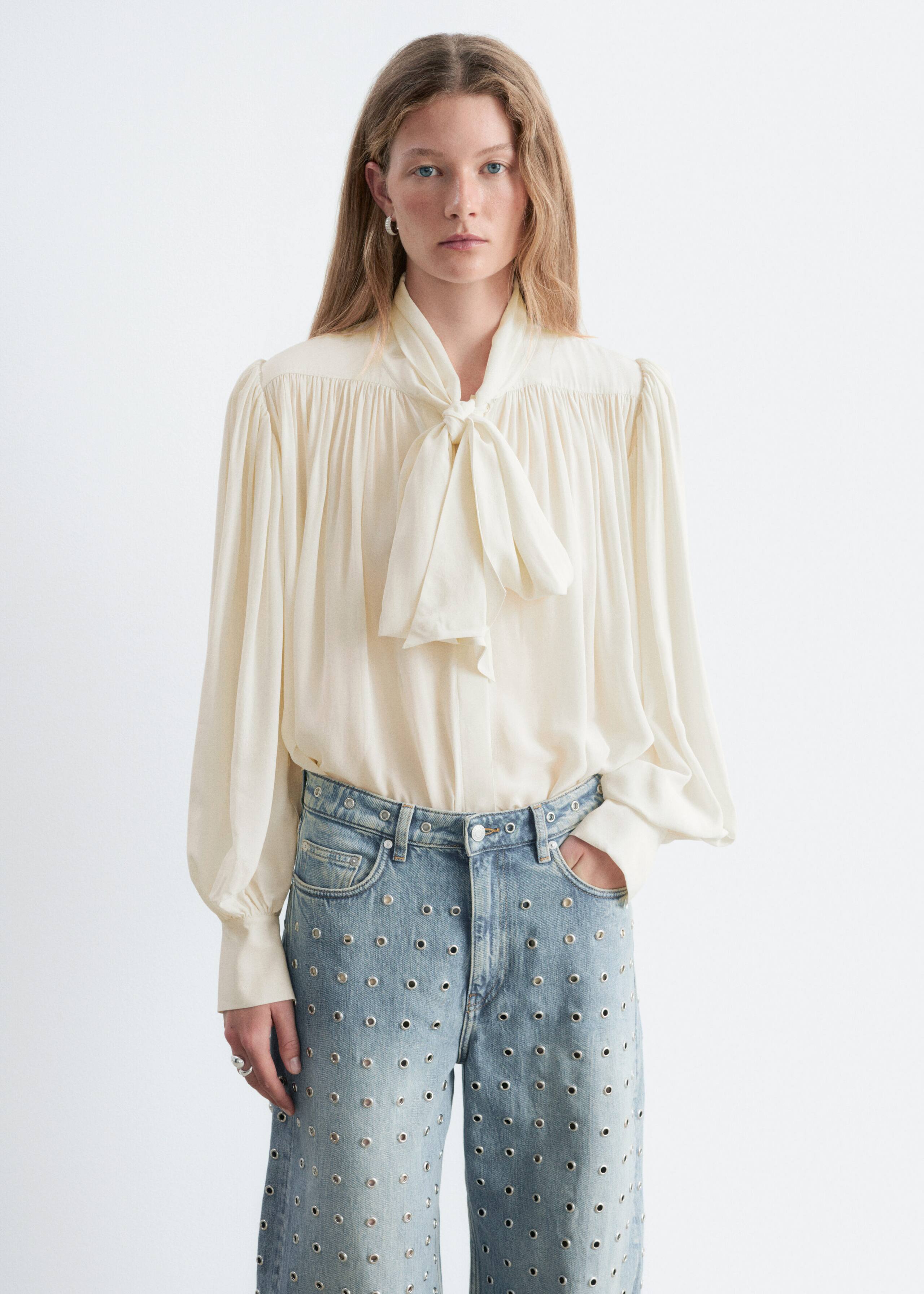 Tie-Neck Gathered Blouse - Off White - Lookbook