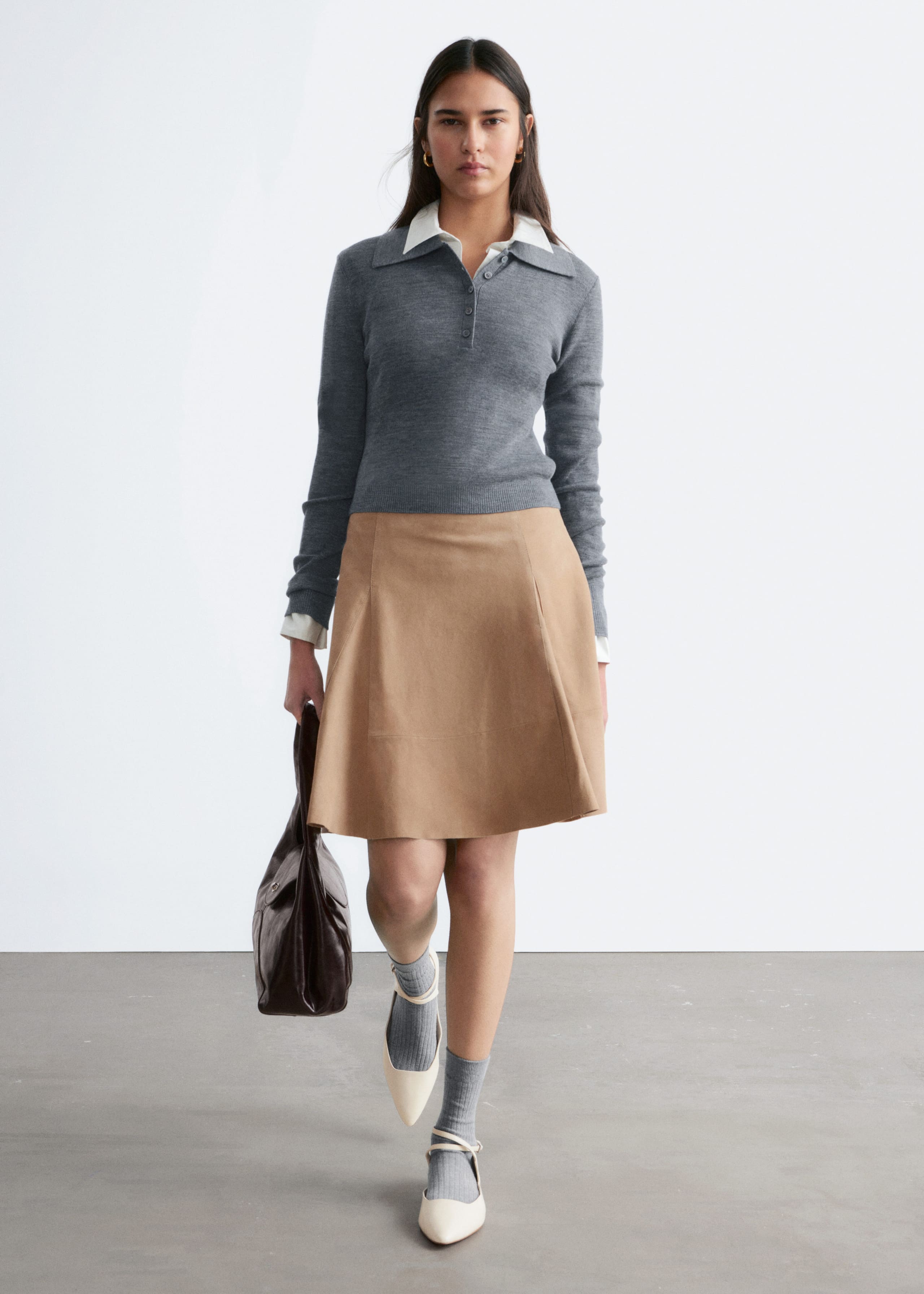 Knee-length A-line Suede Skirt - Beige - Lookbook