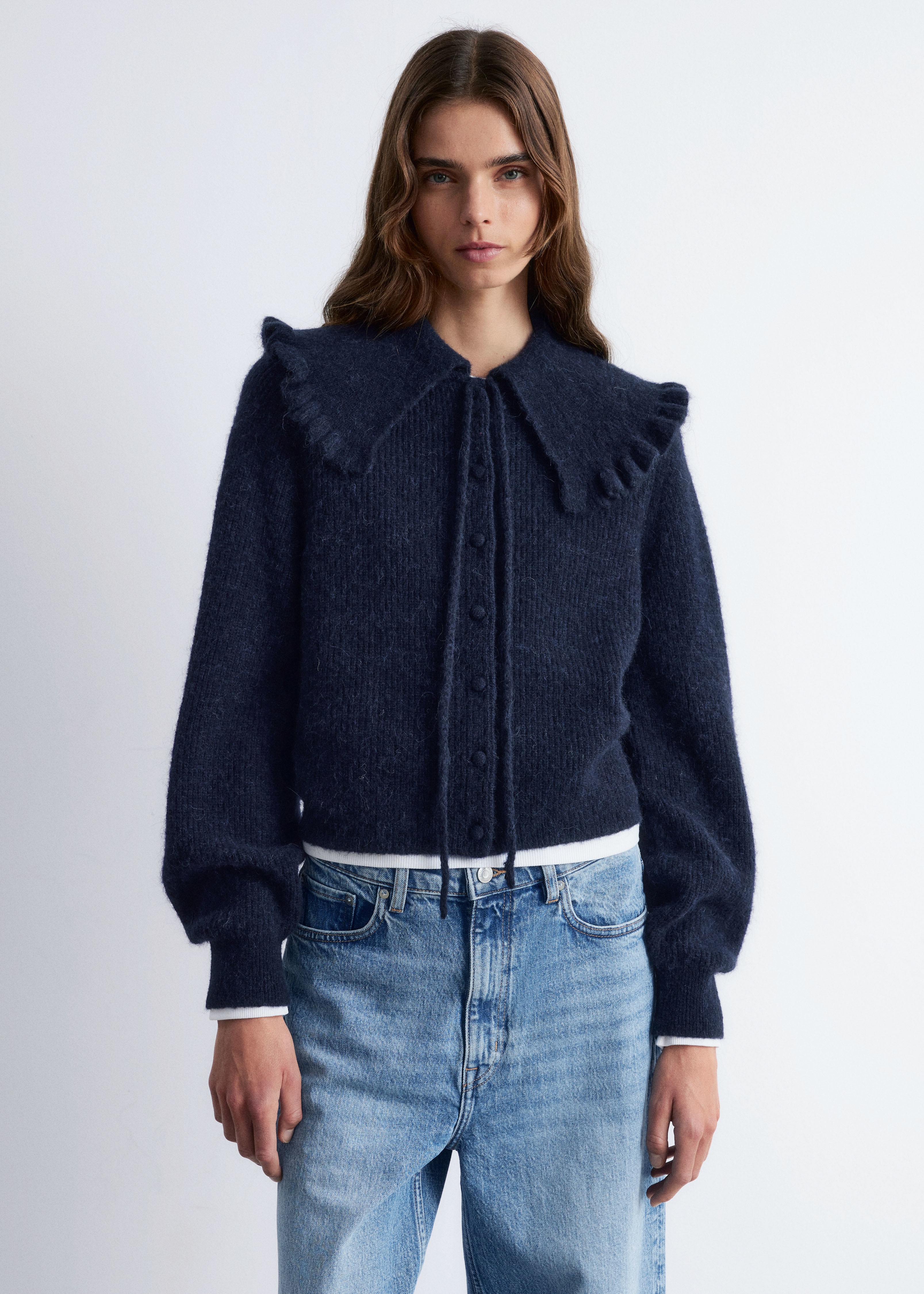 Cardigan din Amestec de Alpaca - Dark Blue/Alb