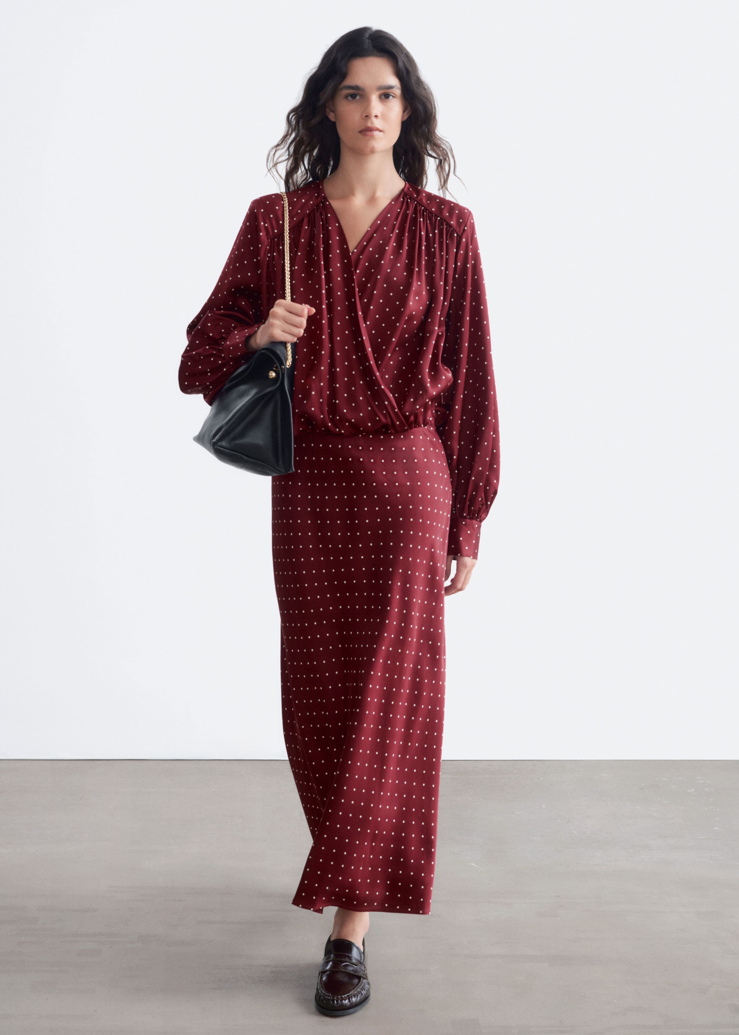 V-Neck Wrap Dress - Dark Red/Dots - Lookbook