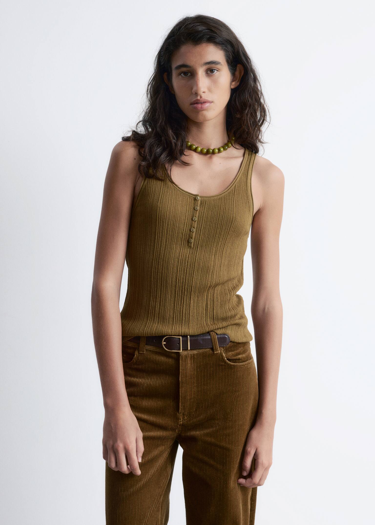 Scoop-Neck Rib-Knit Tank Top - Olive Brown/Black/Dark Brown