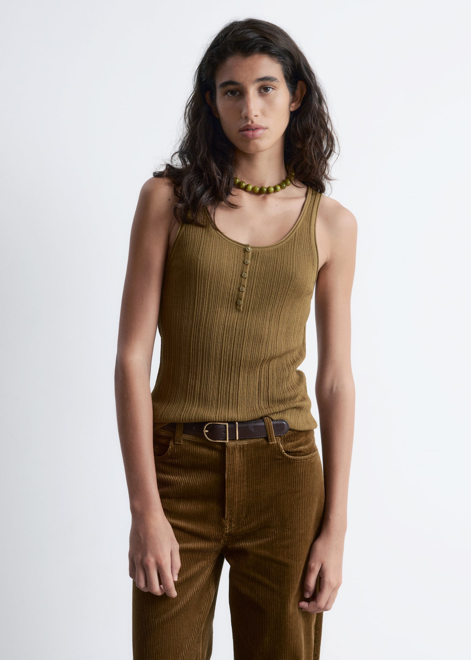Rippstrick-Tanktop mit tiefem Ausschnitt - Olivbraun/Schwarz/Dunkelbraun
