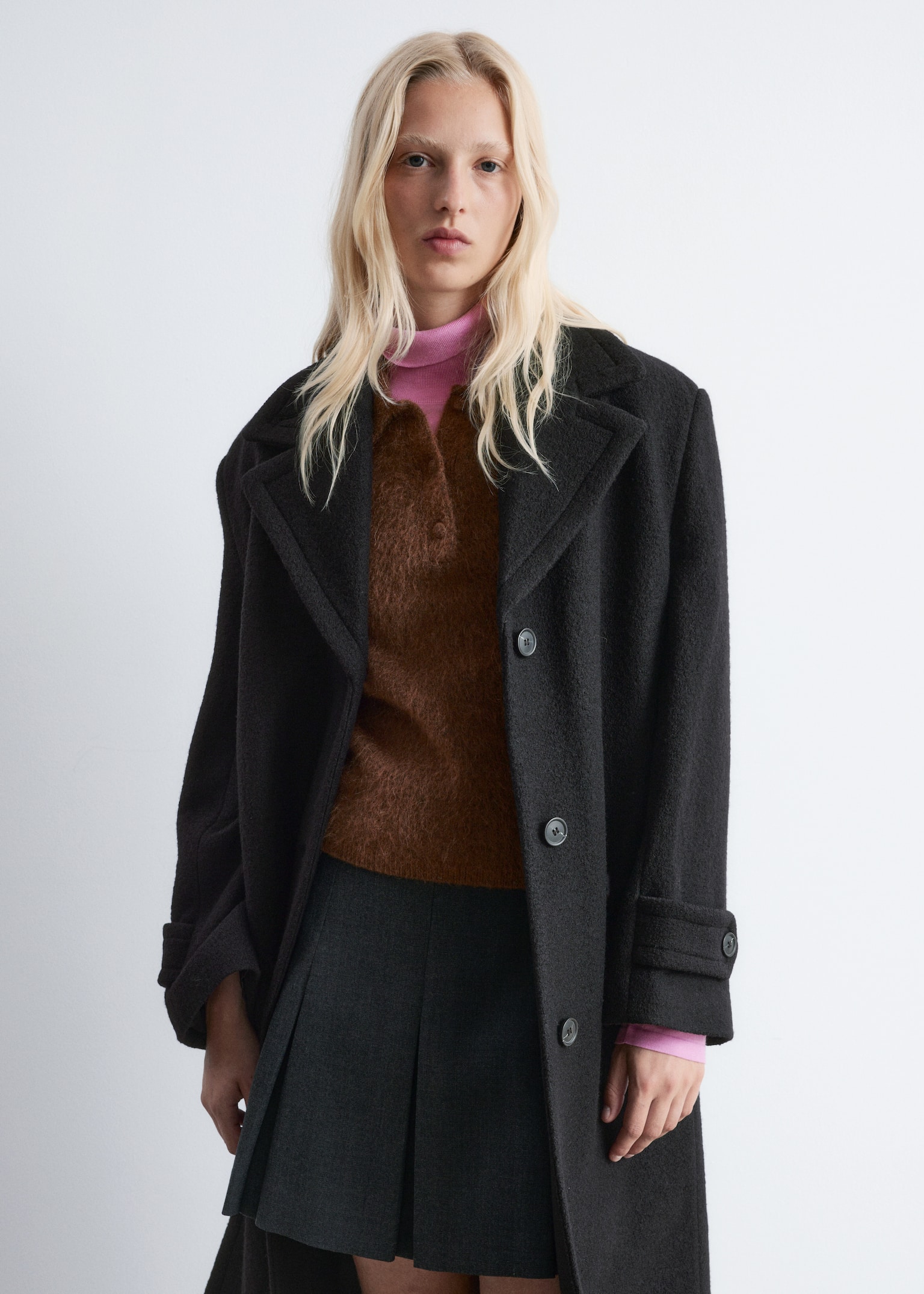 Tie-Belt Wool Coat - Black/Dark Brown - 4