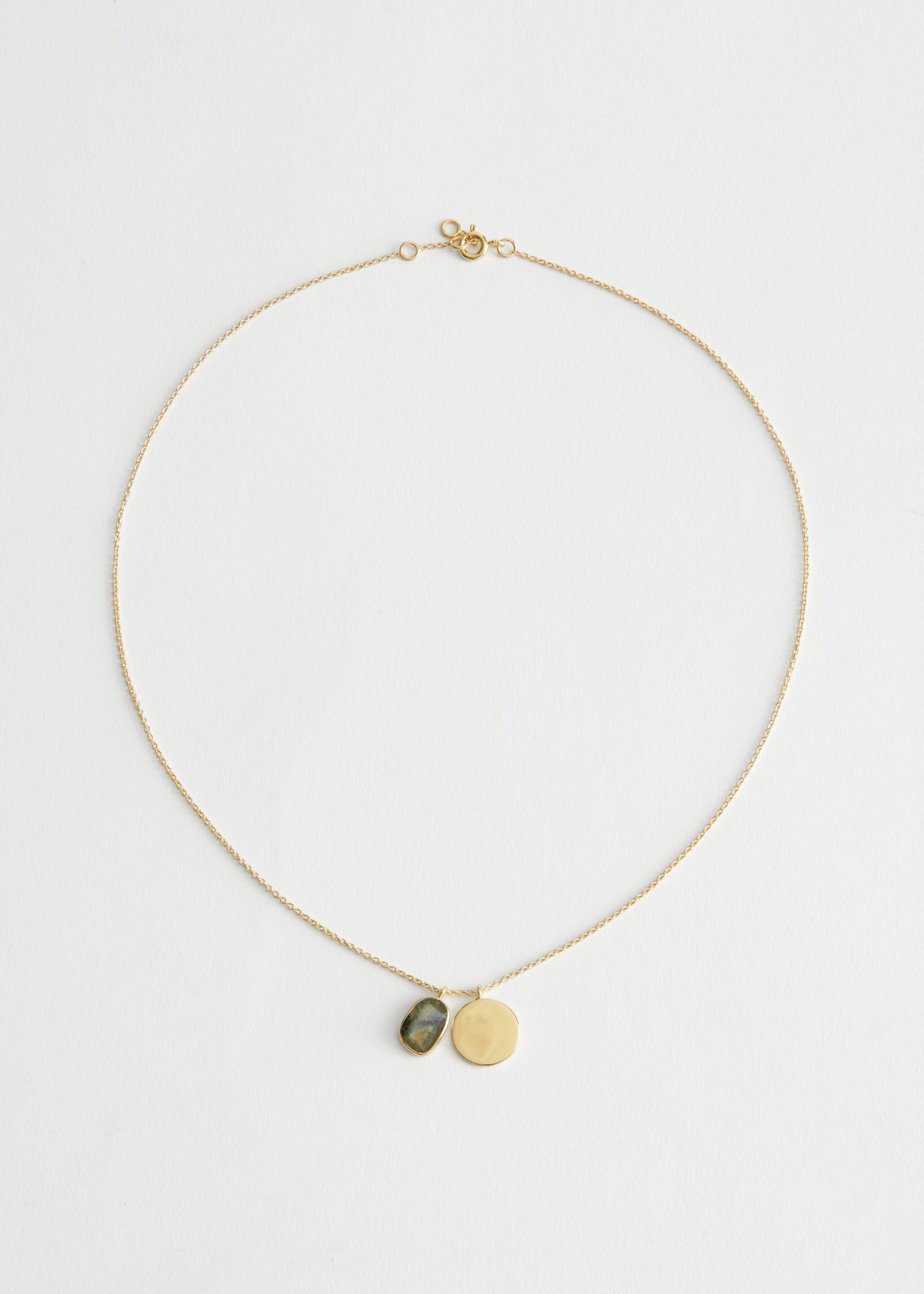 Duo Pendant Sterling Silver Chain Necklace - Light Green Stone - Natura morta