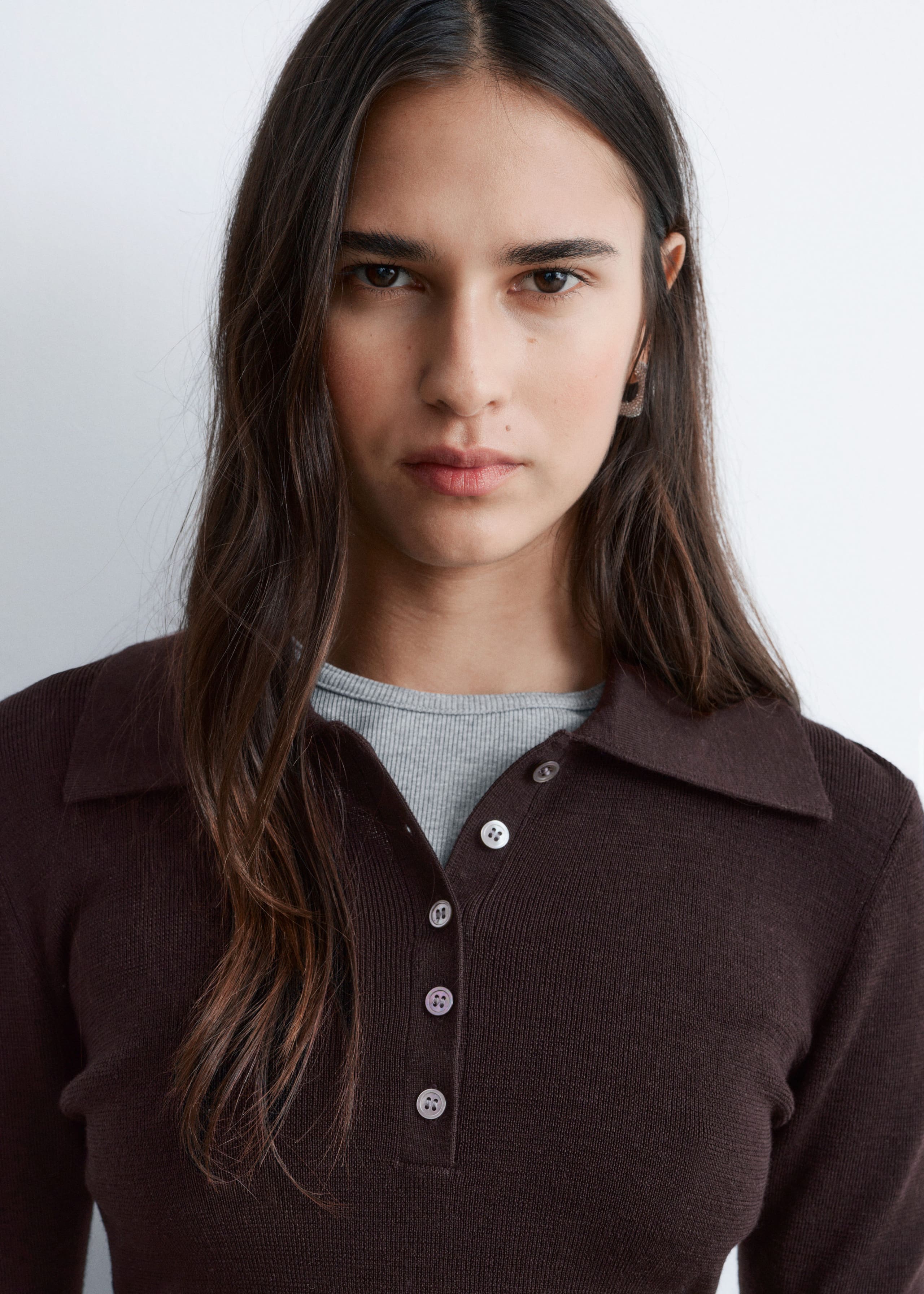 Rib-Knit Merino Wool Polo Top - Grey Melange - Lookbook