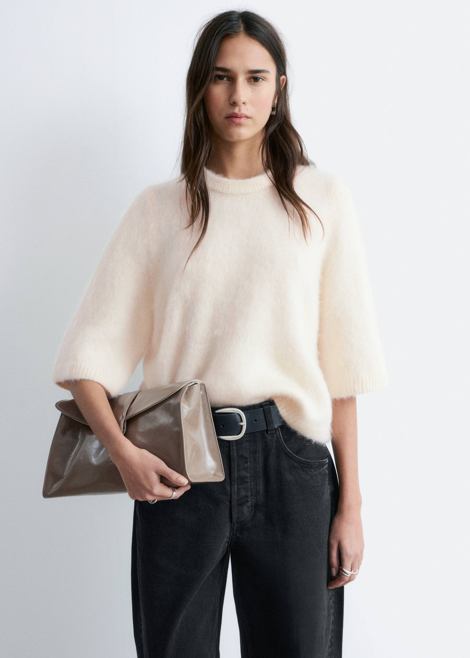 Gebreid T-shirt van een mohairmix - Crème/Bruin/Rood/Donkergeel - 6