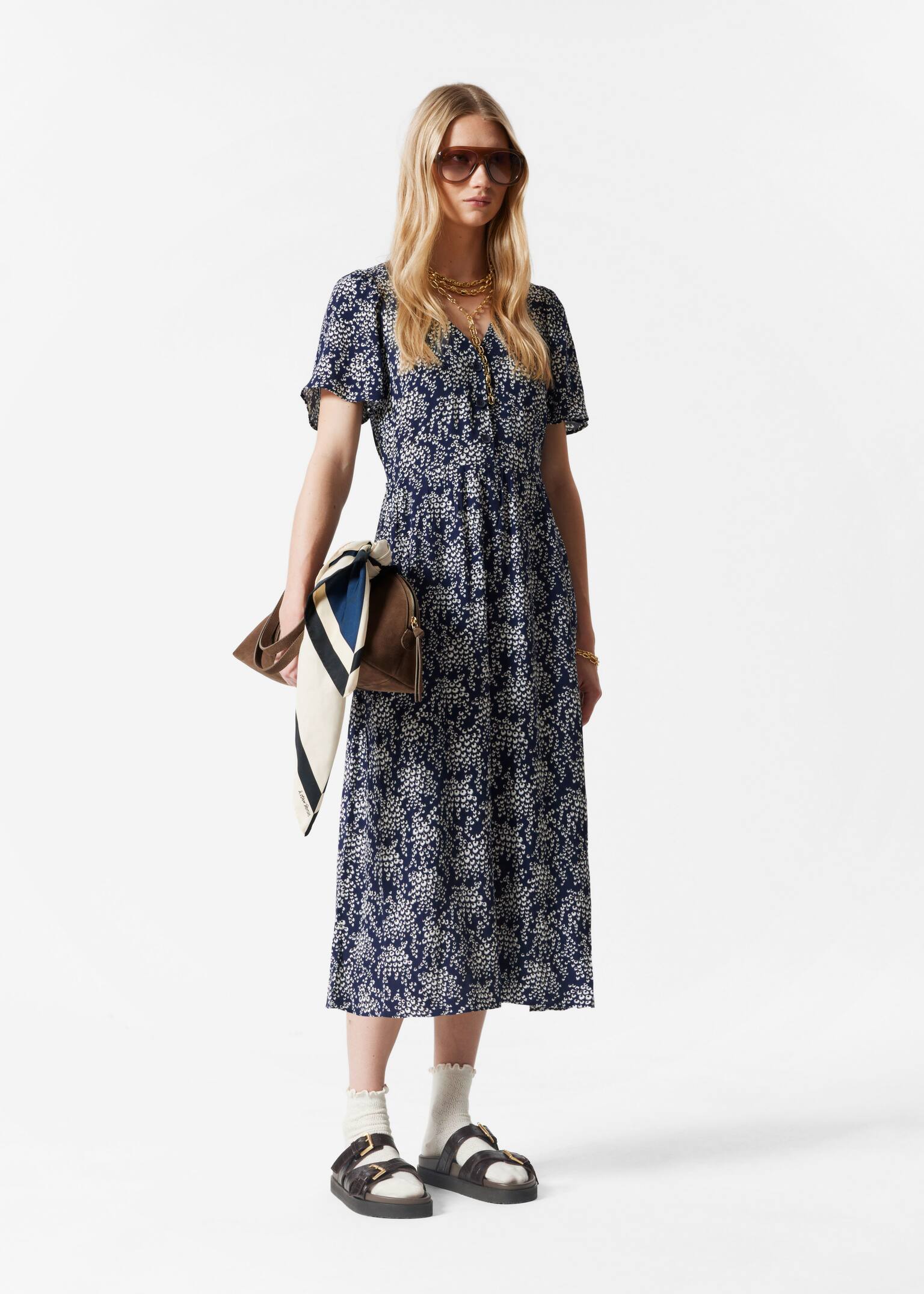 Robe midi à manches volantées - Imprimé bleu marine/Rouge/Blanc/Noir/Imprimé beige - 1