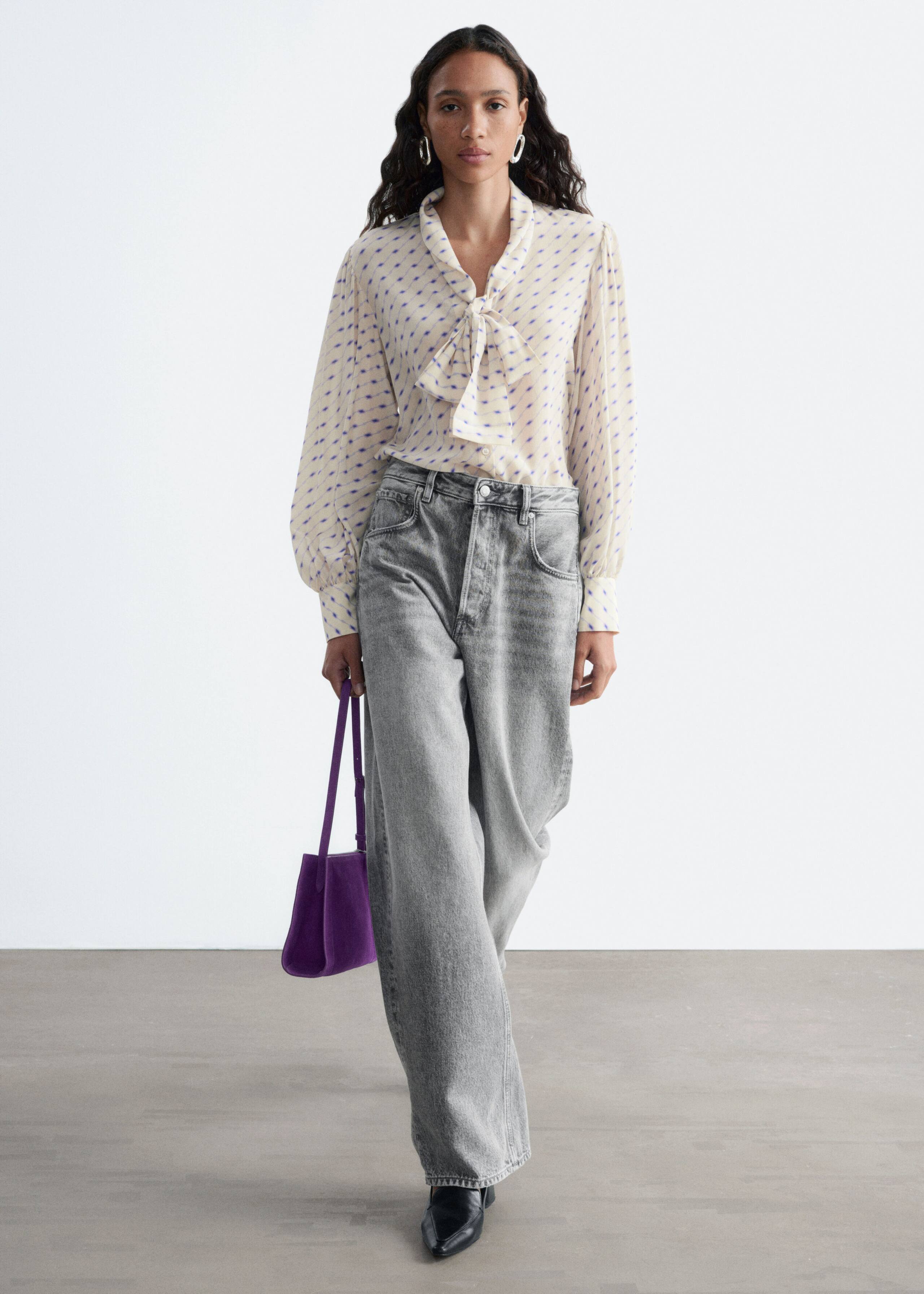 Printed Silk Scarf Blouse - Beige/Blue Print - Lookbook