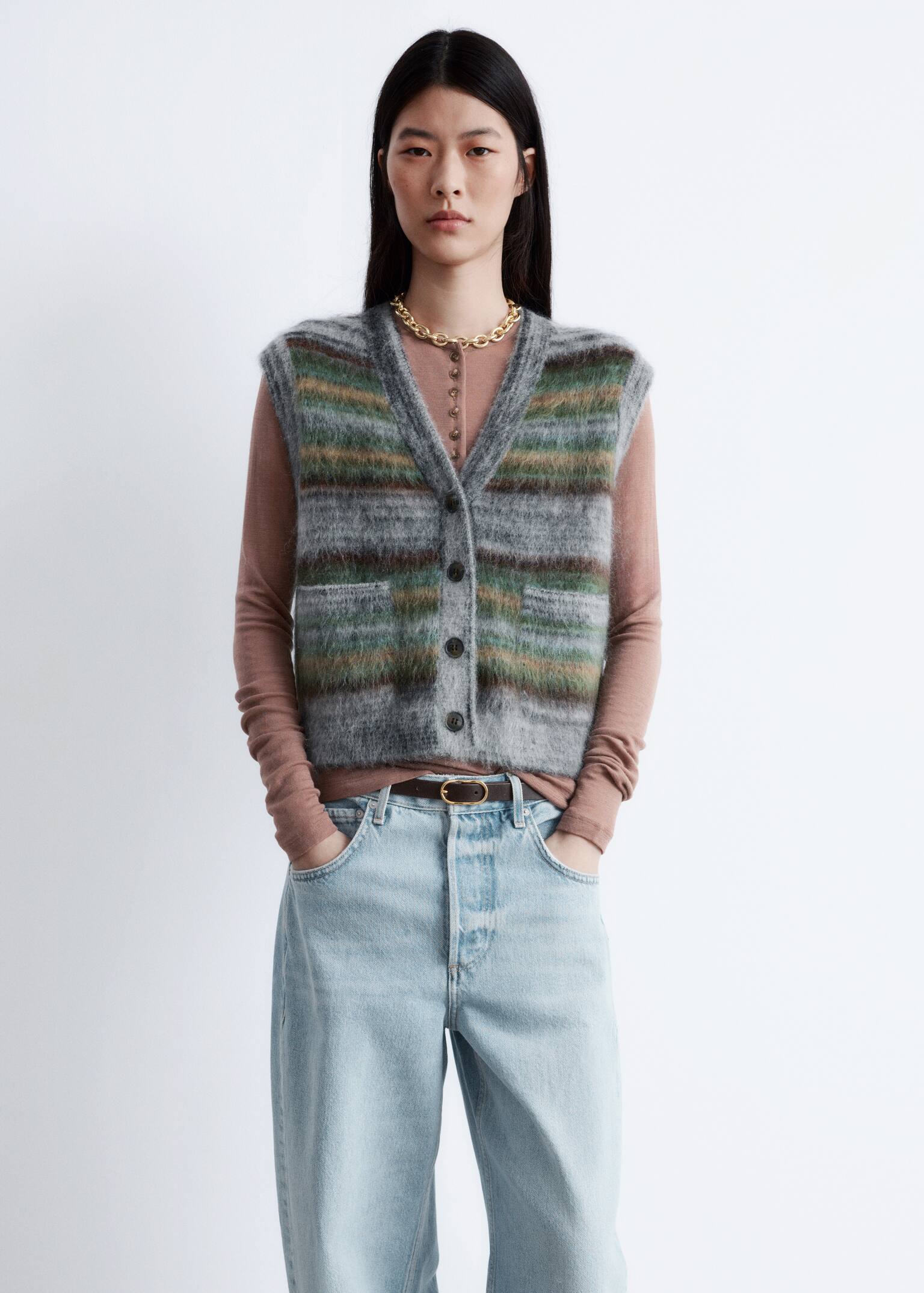 Kamizelka ze szczotkowanej dzianiny - Szary/Zielone paski/Brązowy - 2