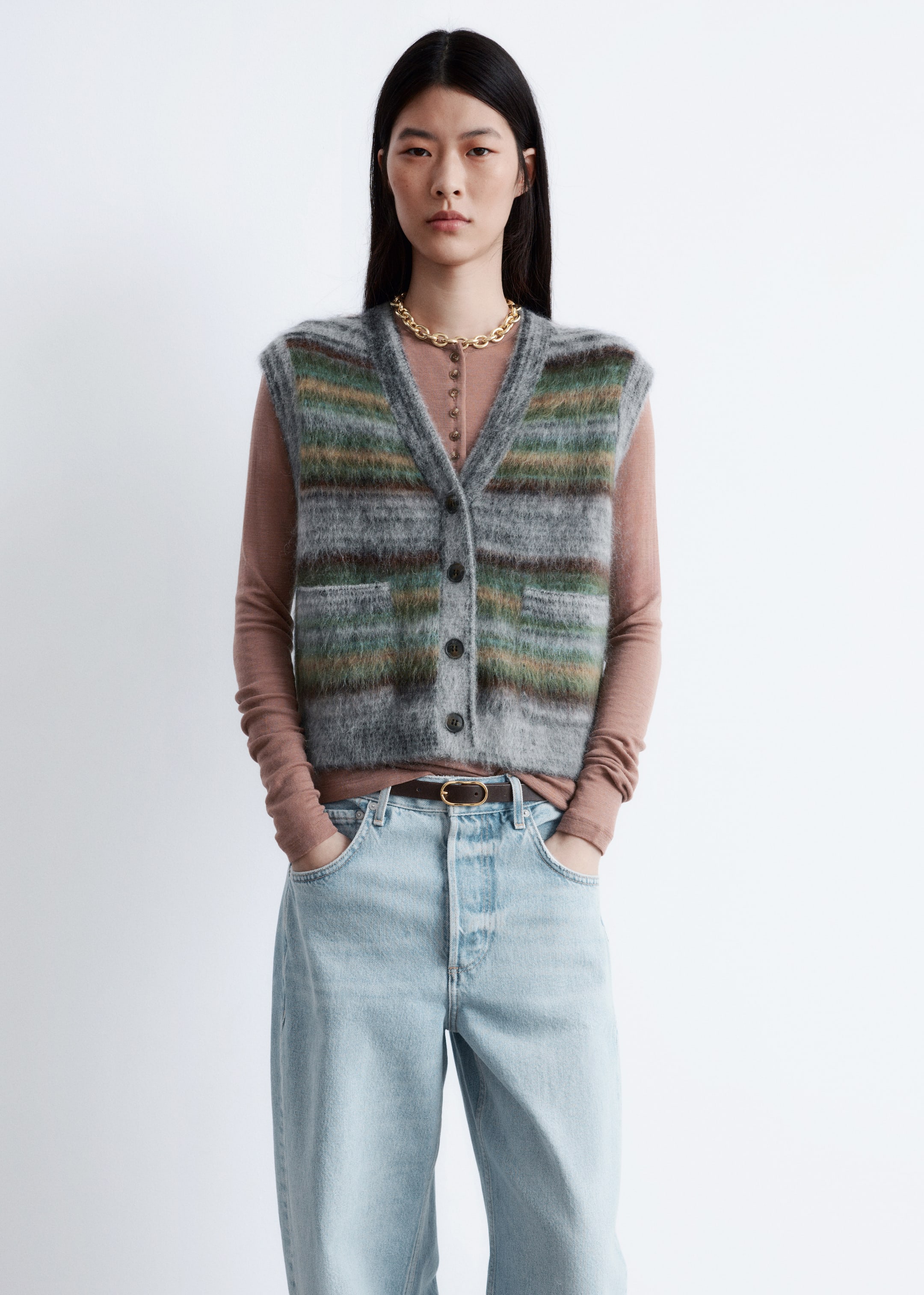 Grösseres Bild ansehen: Strickweste mit gebürsteter Textur - Grau/Grün gestreift - DAMEN | H&M CH 1