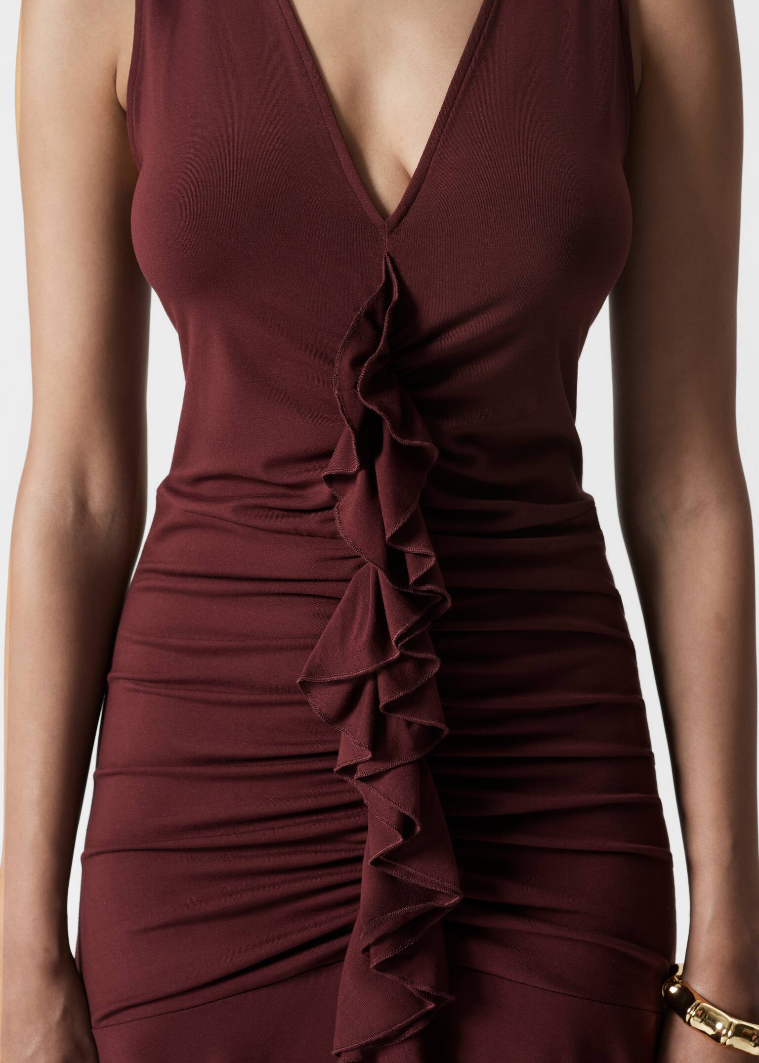 V-Neck Ruffle Maxi Dress - Roșu închis - 3