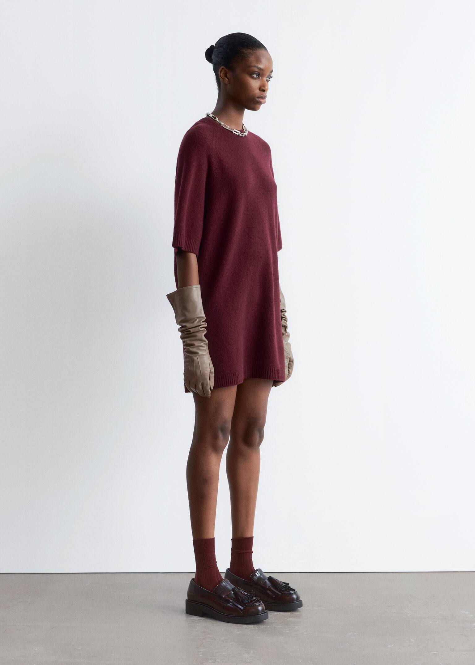 Rochie mini tricotată tip tricou - Roșu Închis/Maro închis - 5