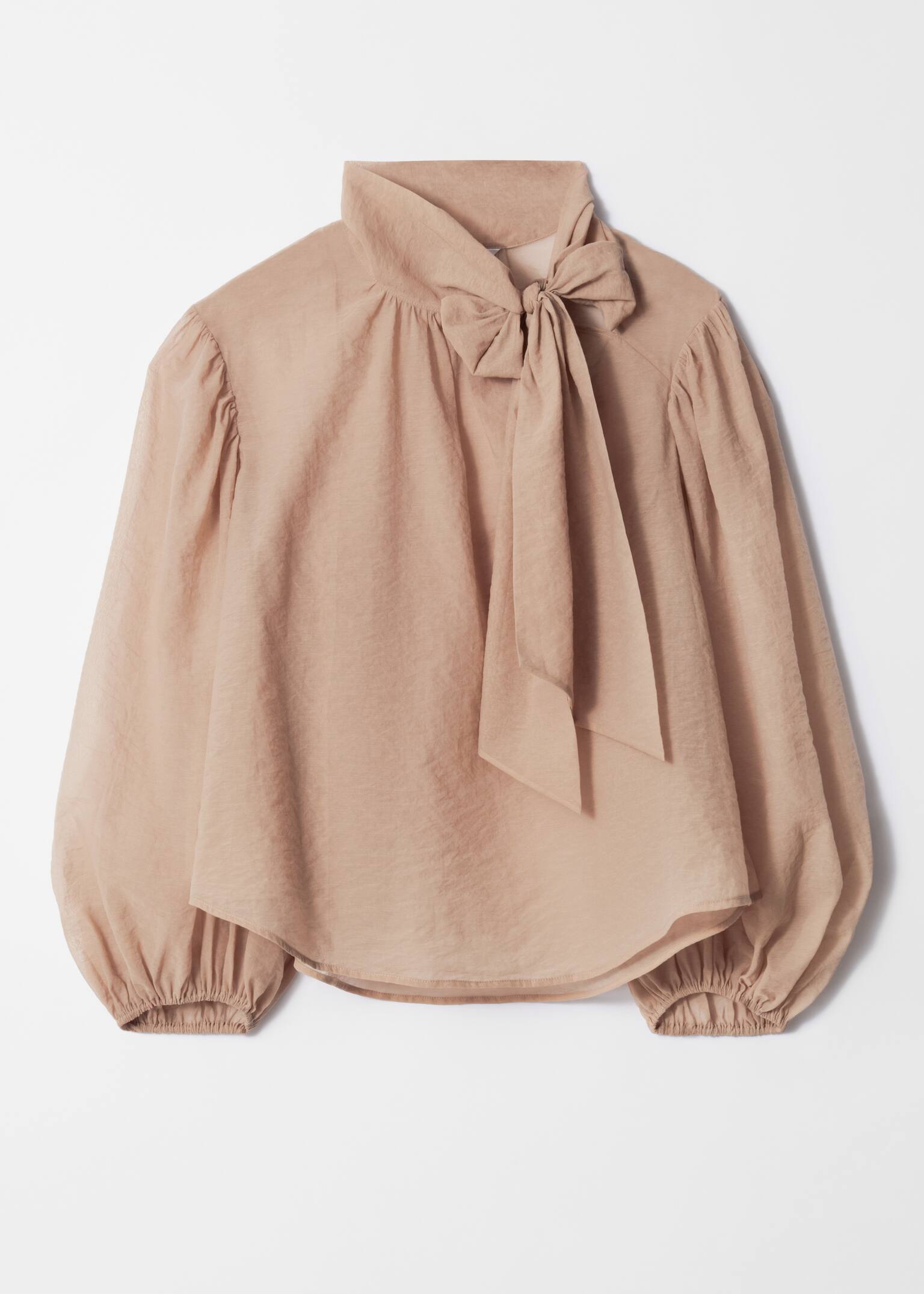 Puff-Sleeve Bow-Detail Blouse - Beige