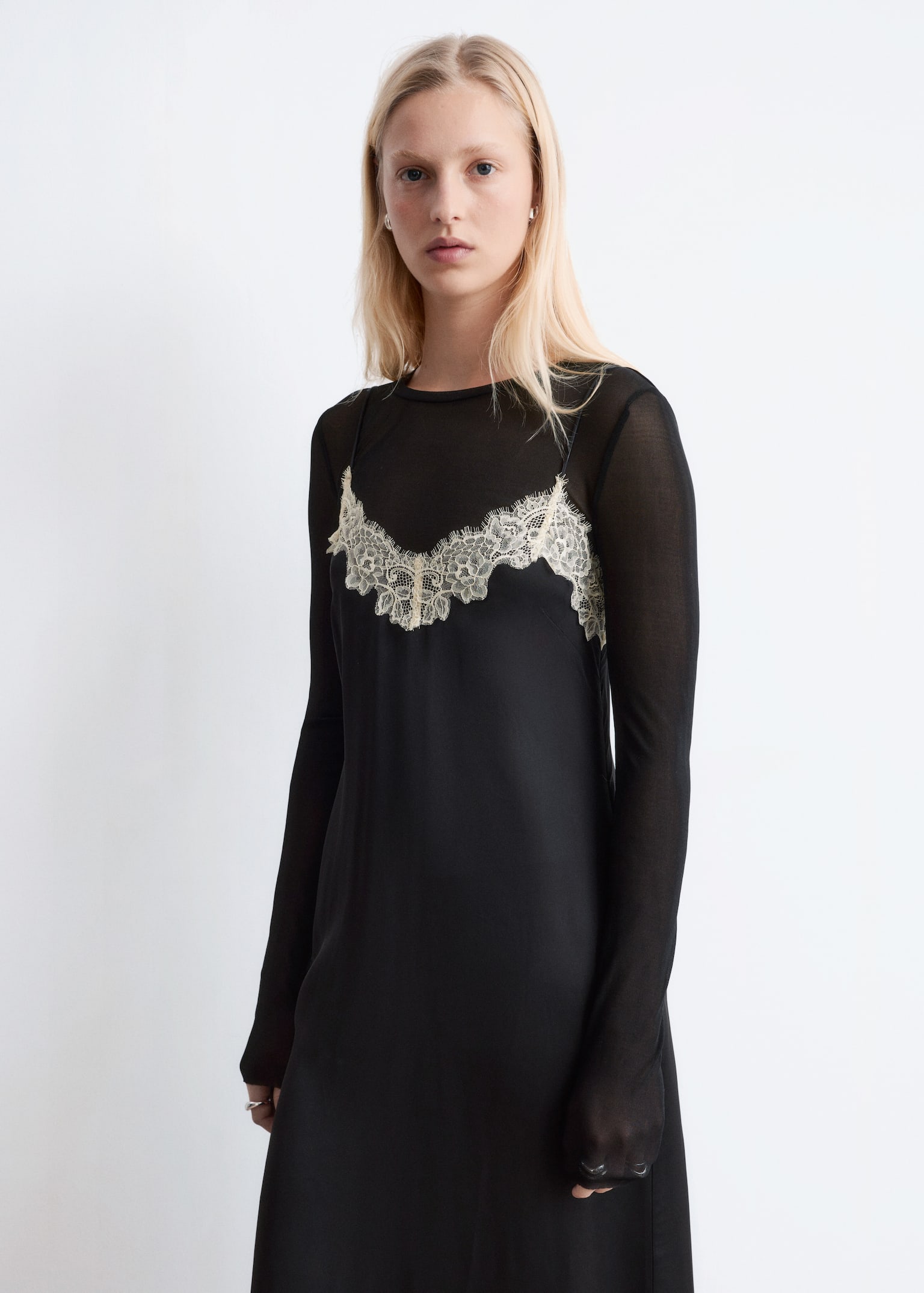 Satynowa sukienka midi - Czarny - 8