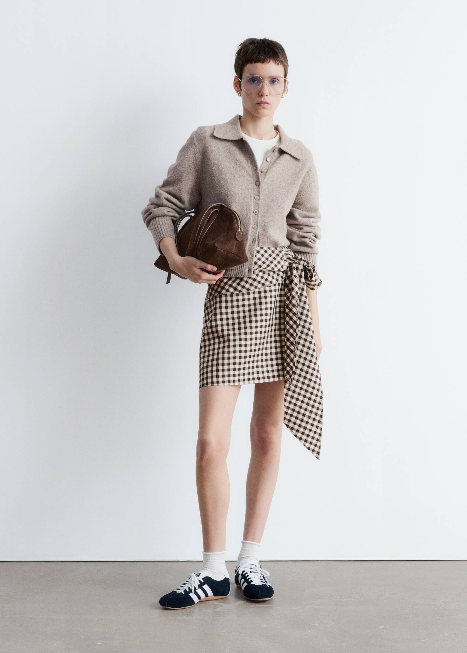 Gebreid vest met kraag - Taupe/Wit/Zwart