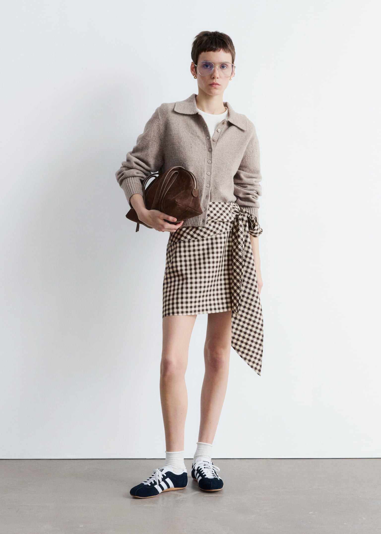 Cardigan en maille à col - Taupe/Noir/Blanc/Bleu poudré