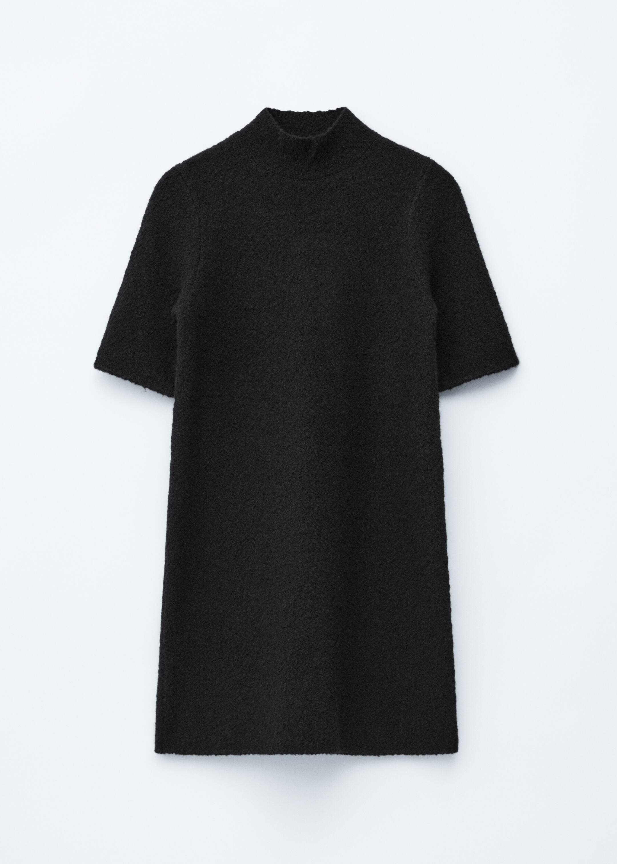 View larger image: A black mini dress is presented facing FRONT, featuring a mock neck and short sleeves. It is made from a textured bouclé knit and is cut in a straight silhouette.