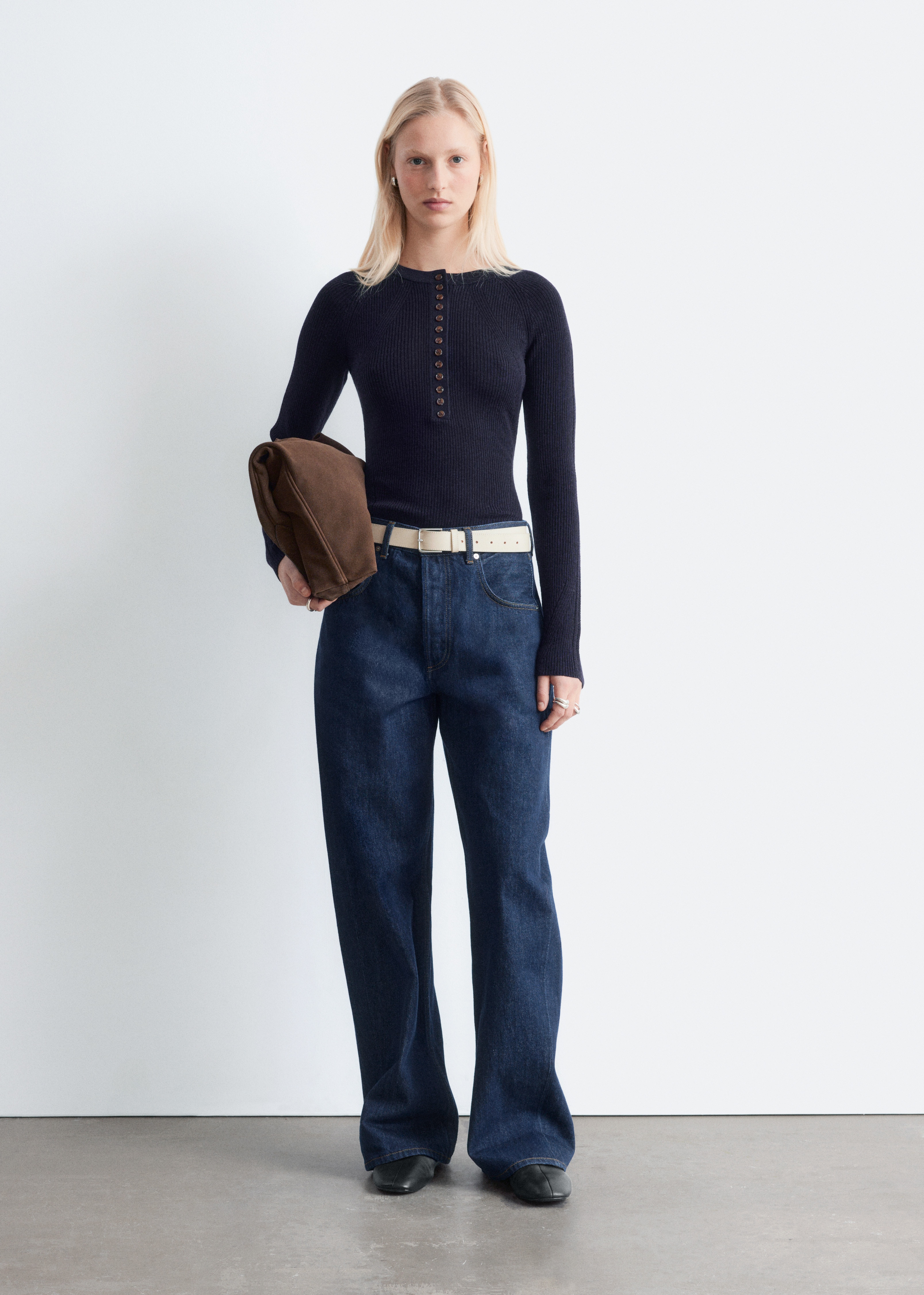 Haut en laine à demi-patte - Bleu marine/Couleur crème