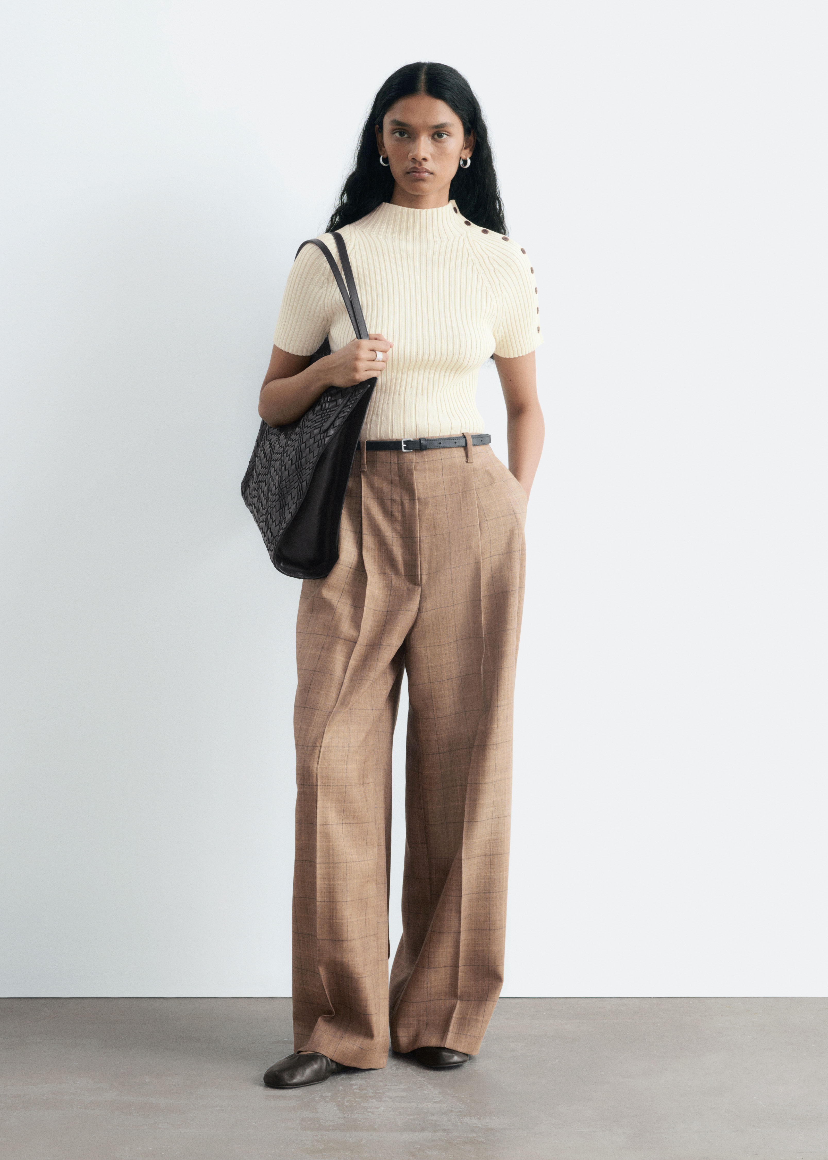 Geplooide wollen broek - Donkerbeige/geruit