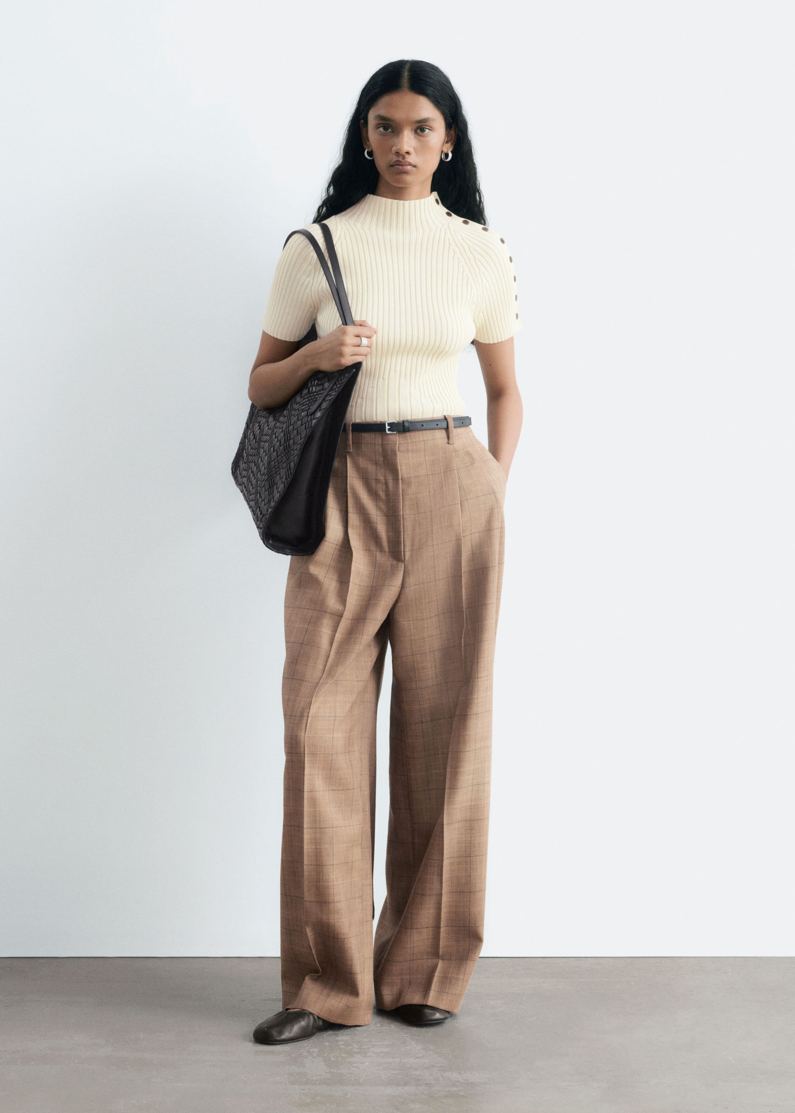 Spodnie z wełną z zakładkami – Dark Beige/Checked – Martwa natura