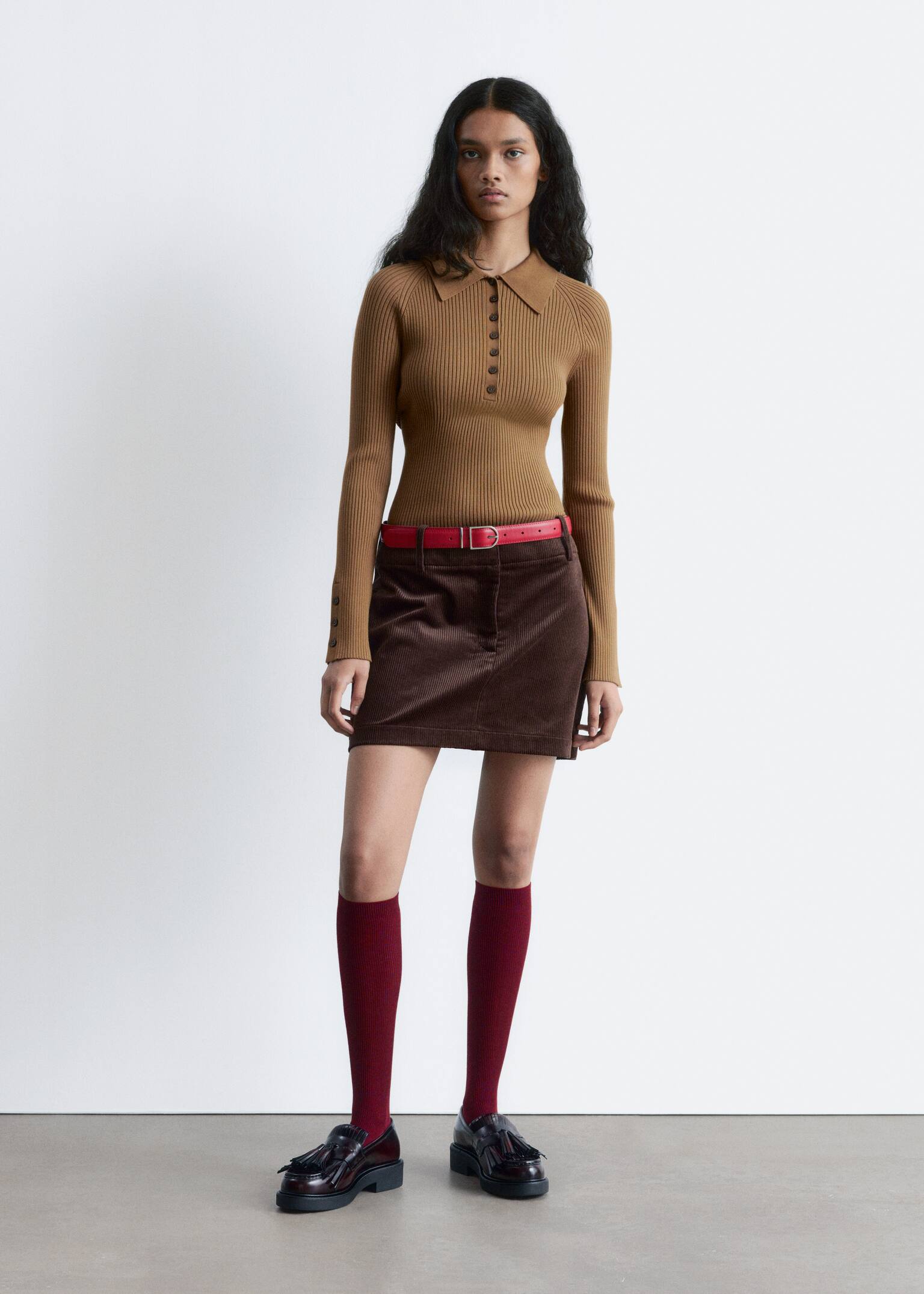 Polo din tricot cu nervuri - Maro Caramel/Maro închis/Albastru deschis - 5