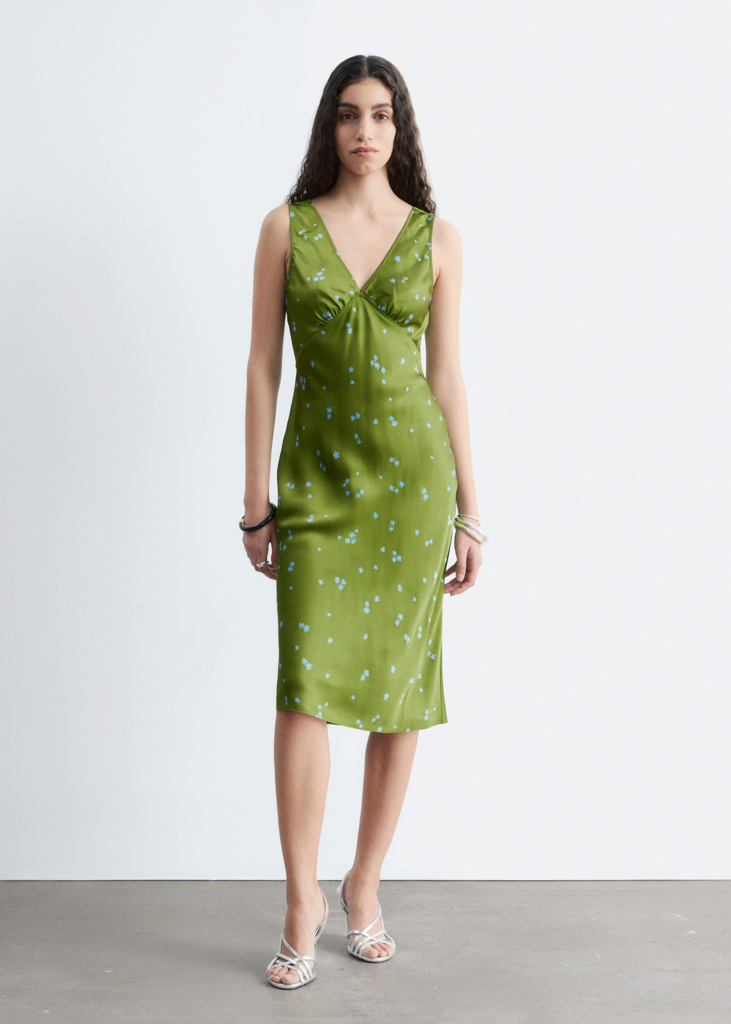 Floral V-Neck Midi Dress - Green/Blue Florals - Lookbook