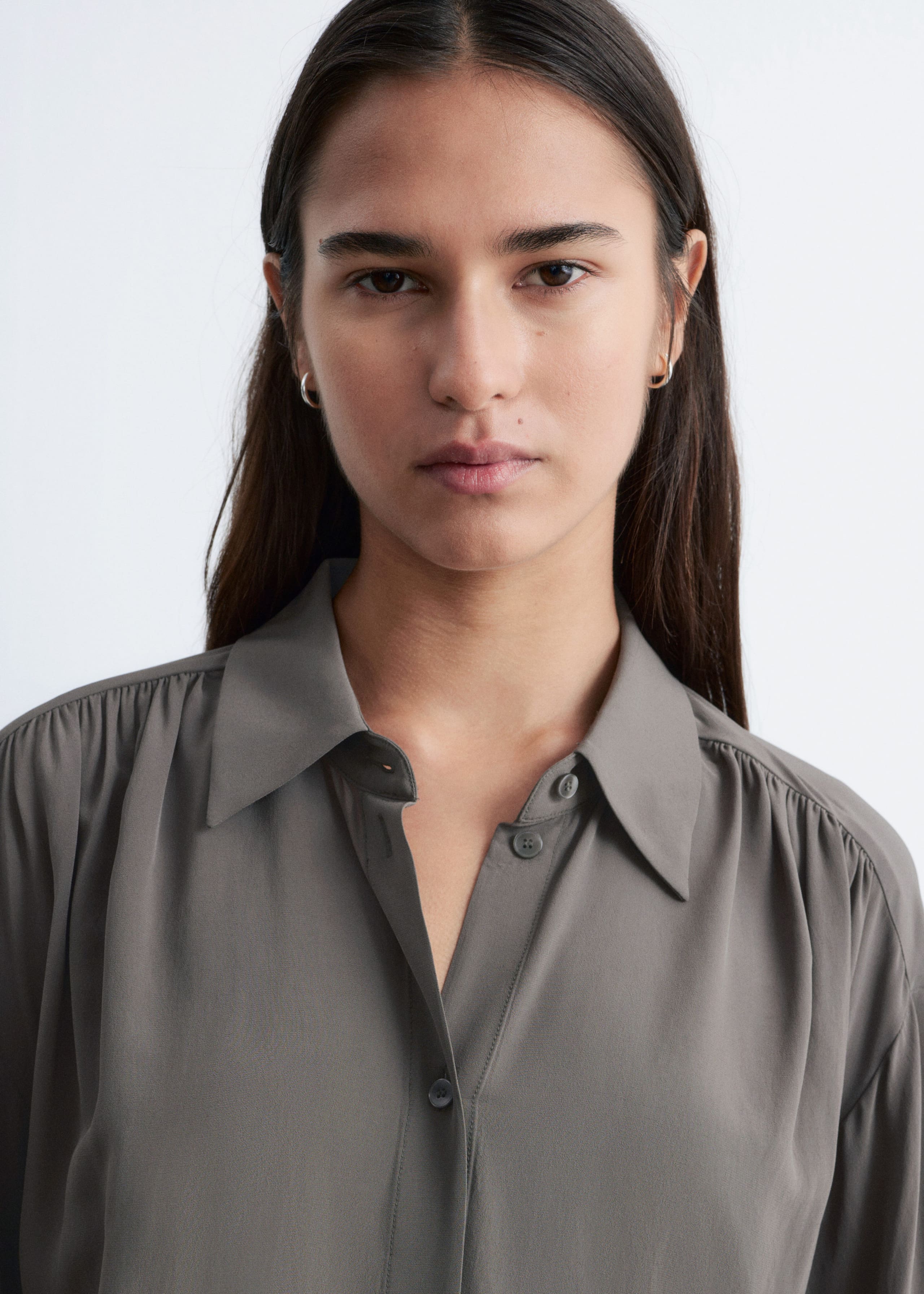 Tie-Back Gathered Blouse - Beige - Lookbook